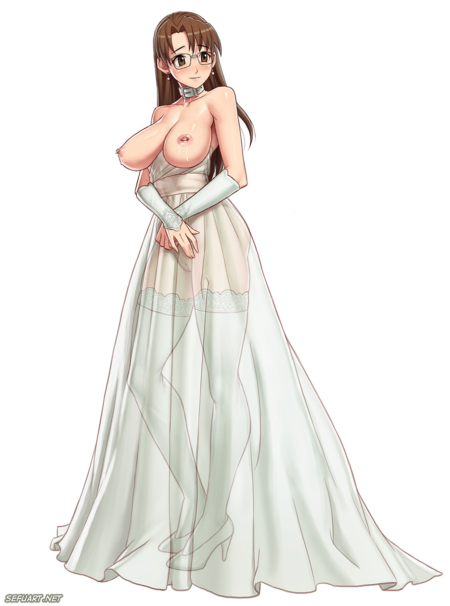 areolae azumanga_daiou blush breasts breasts_out brown_eyes brown_hair clothing collar dress earrings glasses high_heels innie_pussy koyomi_mizuhara lactation large_breasts long_hair nipple_piercing nipples no_bra no_panties pussy see-through see_through_skirt sefuart shaved_pussy solo_female stockings wedding_dress white_background wife