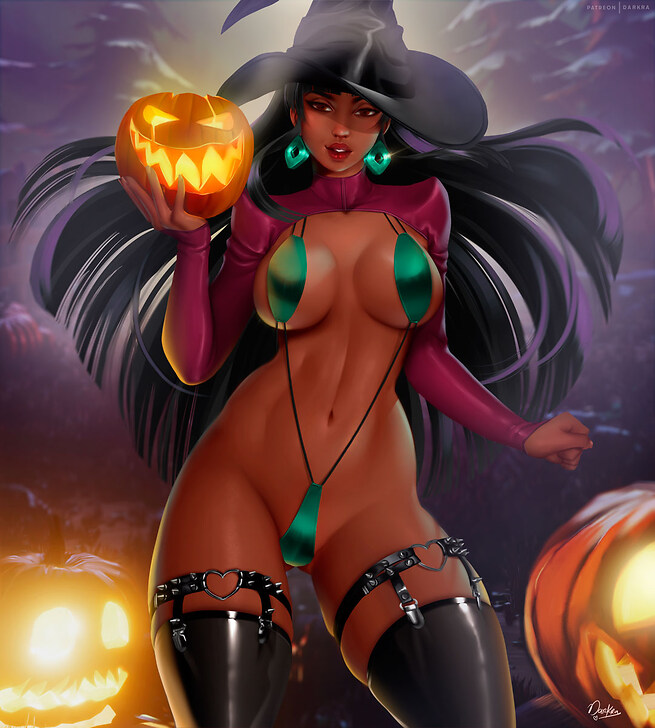 armwear, chel, collar, darkra, earrings, female, halloween, halloween costume, jack-o-lanterns, leg garter, sling bikini, the road to el dorado, thigh highs, witch, witch hat