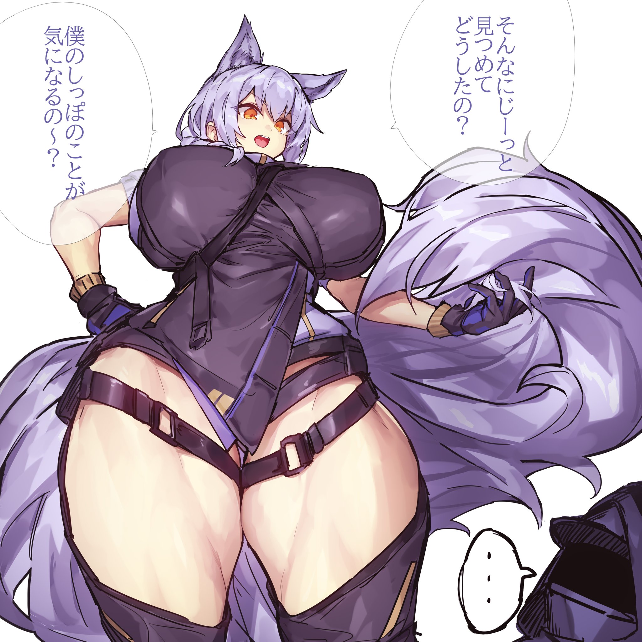 ..., 1girls, arknights, big breasts, breasts, cleavage, curvy, dialogue, doctor (arknights), female, fox ears, fox girl, huge breasts, huge thighs, japanese, japanese text, larger female, leotard, looking down, melon22, muscular, muscular female, muscular thighs, orange eyes, provence (arknights), purple hair, text, thick thighs, thighhighs, thighs, thunder thighs, wide hips