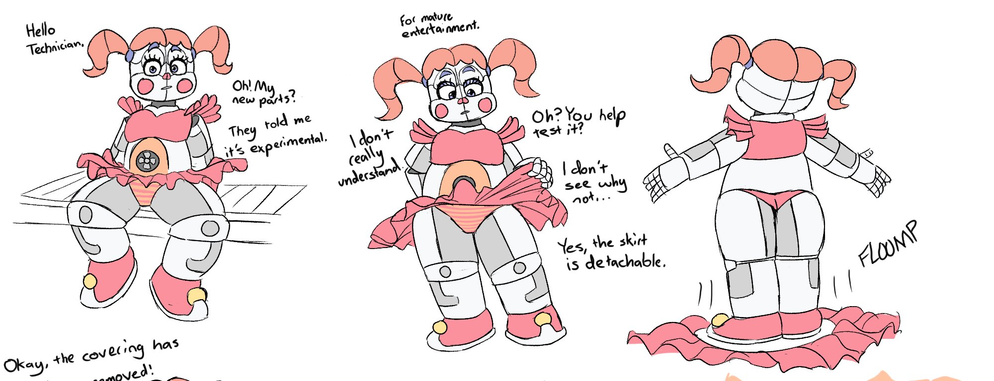 ass, baby (fnafsl), blue eyes, canon appearance, circus baby, circus baby (fnaf), dialogue, faceless male, female, five nights at freddy's, male, panties, red hair, red topwear, sister location, skirt, skirt lift, solo, striped panties, twintails, upskirt, zxxxarts