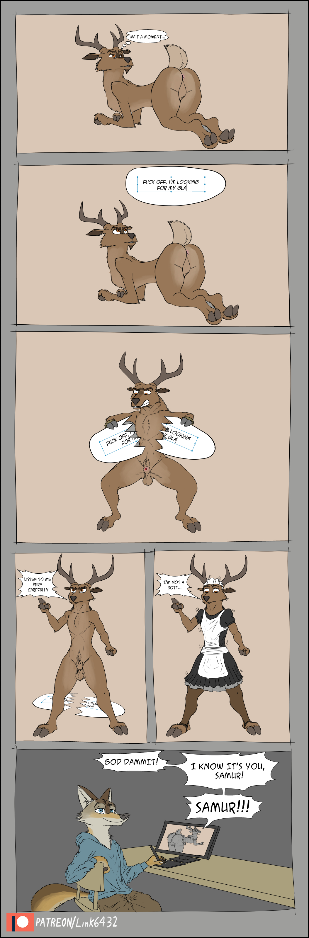 absurd_res anthro ass balls black_border border canid canine canis cervid clothing comic coyote english_text genitals hi_res kyle_(aureldrawsstuff) link6432 maid_uniform male male_only mammal moses_(samur_shalem) penis profanity simple_background solo text uniform