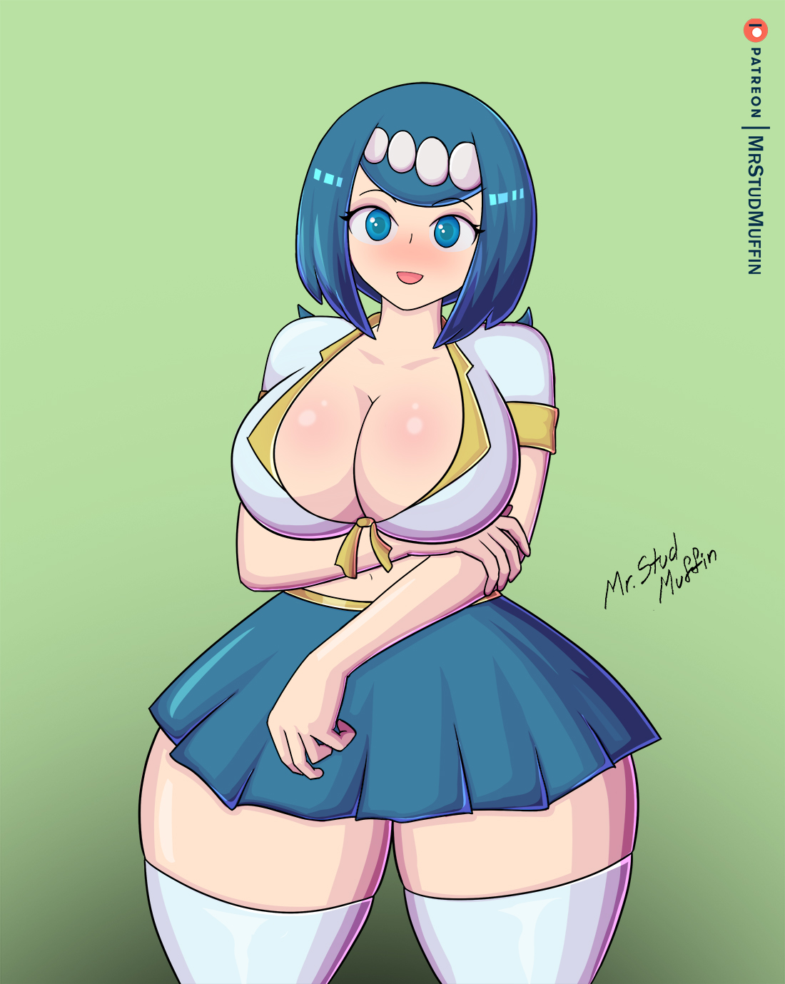 1girls, big breasts, blue eyes, blue hair, blush, breasts, curvy figure, eye contact, female, huge thighs, lana's mother (pokemon), large breasts, legwear, looking at viewer, mature female, milf, mother, mrstudmuffin, nintendo, pokemon, pokemon sm, skirt, solo, thick thighs, thigh highs, thighs, voluptuous, wide hips