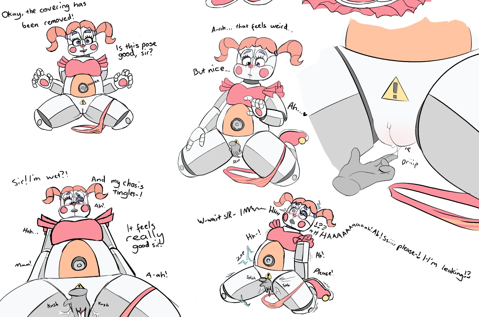 ass, baby (fnafsl), blue eyes, canon appearance, circus baby, circus baby (fnaf), dialogue, faceless male, female, fingering, five nights at freddy's, leaking, male, orgasm, red hair, red topwear, sister location, skirt, straight, twintails, upskirt, warning sign, warning symbol, zxxxarts