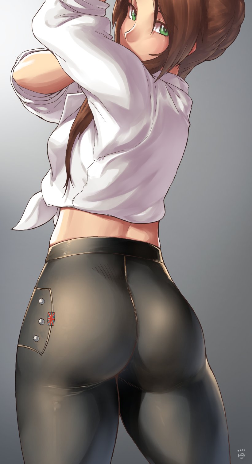 1girls, ass, black pants, braid, breasts, brown hair, curvy, eyebrows visible through hair, eyes visible through hair, female, female only, finalcake, french braid, from behind, girls' frontline, gradient, gradient background, green eyes, highres, lee-enfield (girls' frontline), long hair, looking at viewer, looking back, medium breasts, pants, shirt, simple background, skin tight, solo, solo female, thick thighs, tied shirt, tight, tight pants, union jack, white shirt
