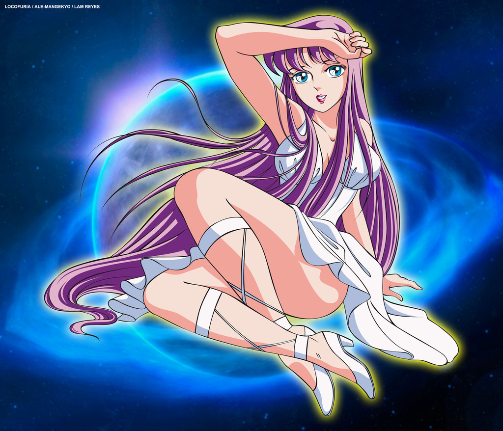 athena_(saint_seiya) big_breasts dress fanservice female_only goddess green_eyes heels high_heels locofuria long_dress looking_at_viewer outer_space planet purple_hair saint_seiya saori_kido solo space white_heels