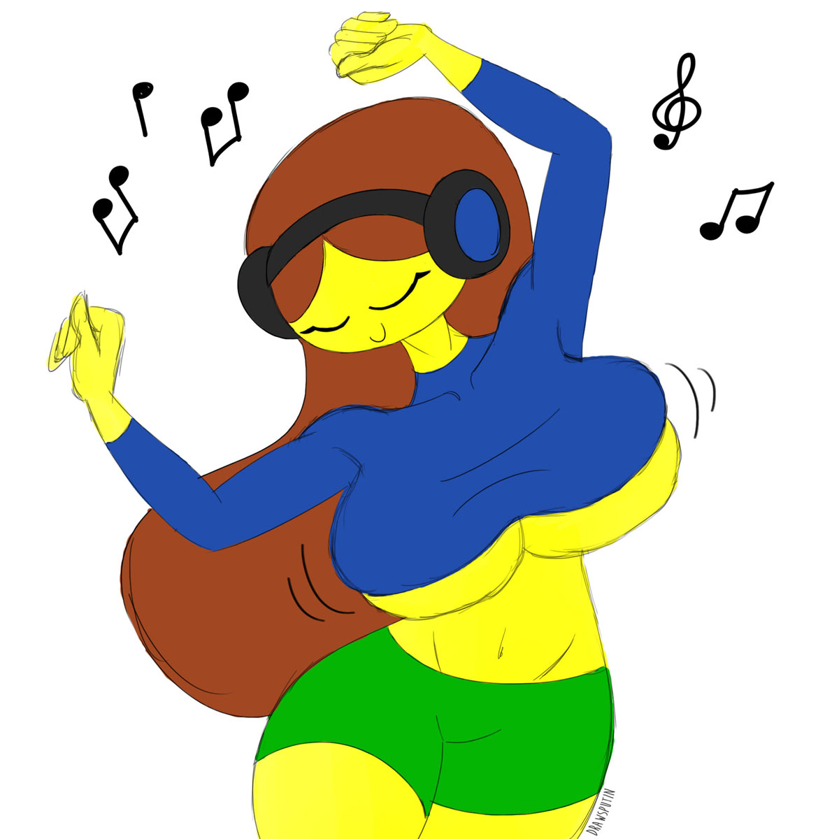 1girls, 5 fingers, anthro, anthrofied, arms up, artist name, big breasts, blue sleeves, breasts, brown hair, closed eyes, colored sketch, dancing, drawsputin, eyelashes, eyes closed, female, female only, green shorts, headphones, hips, huge breasts, humanoid, large breasts, long hair, long sleeves, music note, musical note, navel, no nose, noob, noseless, roblox, robloxian, shirt lift, short shirt, short shorts, shorts, simple background, sketch, sleeves, smile, smiling, solo, solo female, standing, stomach, thick, thick thighs, thighs, underboob, white background, wide hips, yellow body, yellow skin