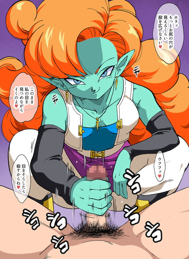 1girls, alien girl, blue eyes, breasts, censored, clothed female nude male, dragon ball, dragon ball z, faceless male, female, gradient background, green skin, handjob, human on humanoid, humanoid, interspecies, japanese text, jewelry, long hair, looking at viewer, male, medium breasts, motion lines, naughty face, old school academy, orange hair, penis, pointy ears, pubic hair, race of hera, smile, smirk, squatting, zangya