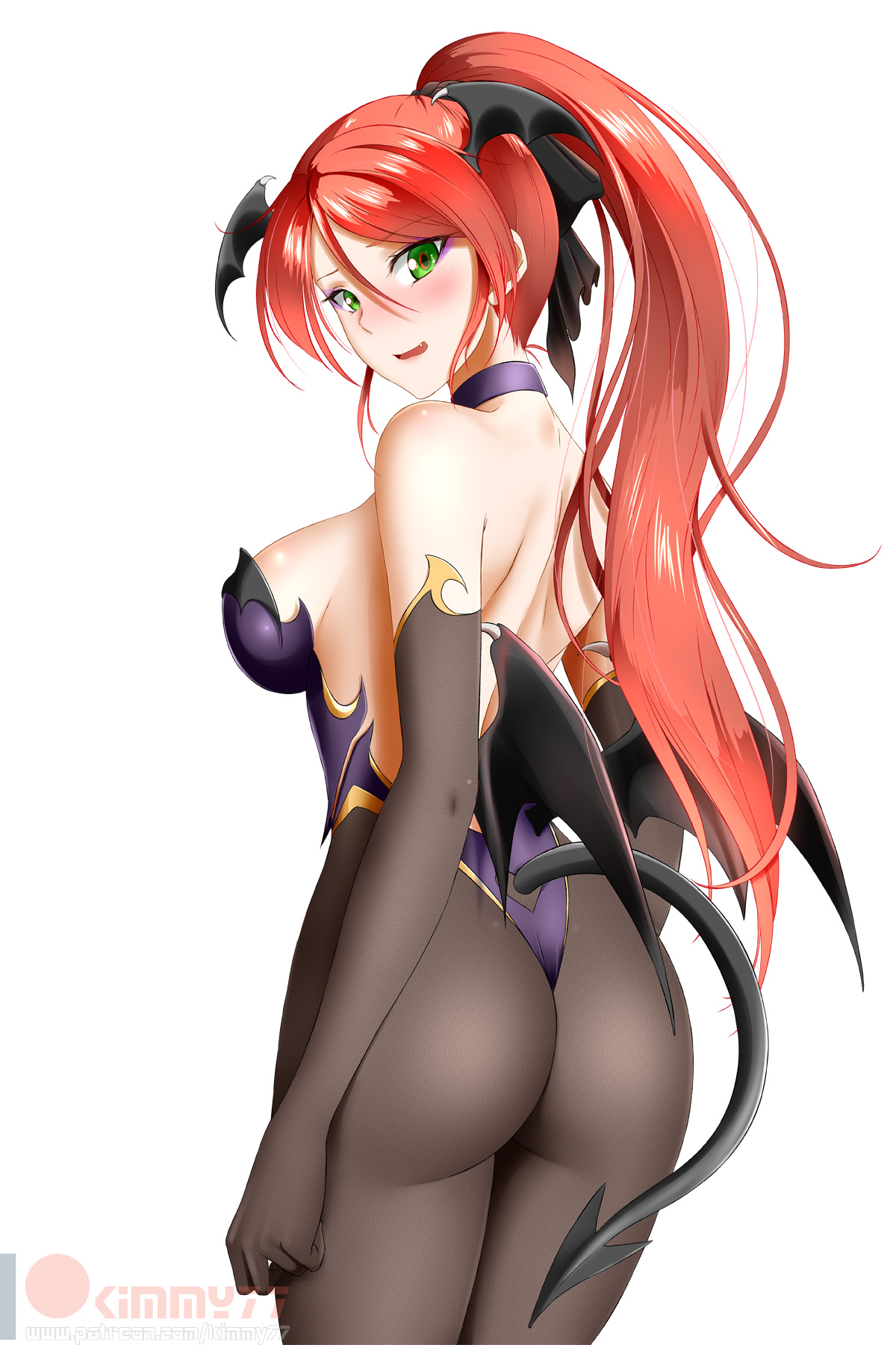 1girls, ass, backboob, big ass, blush, breasts, bubble ass, bubble butt, cosplay, curvy, demon, detached sleeves, female, female only, fishnet gloves, fishnets, green eyes, halloween, kimmy77, large breasts, long hair, looking at viewer, looking back, nervous, ponytail, pyrrha nikos, rear view, red hair, rwby, succubus, tail, voluptuous, white background