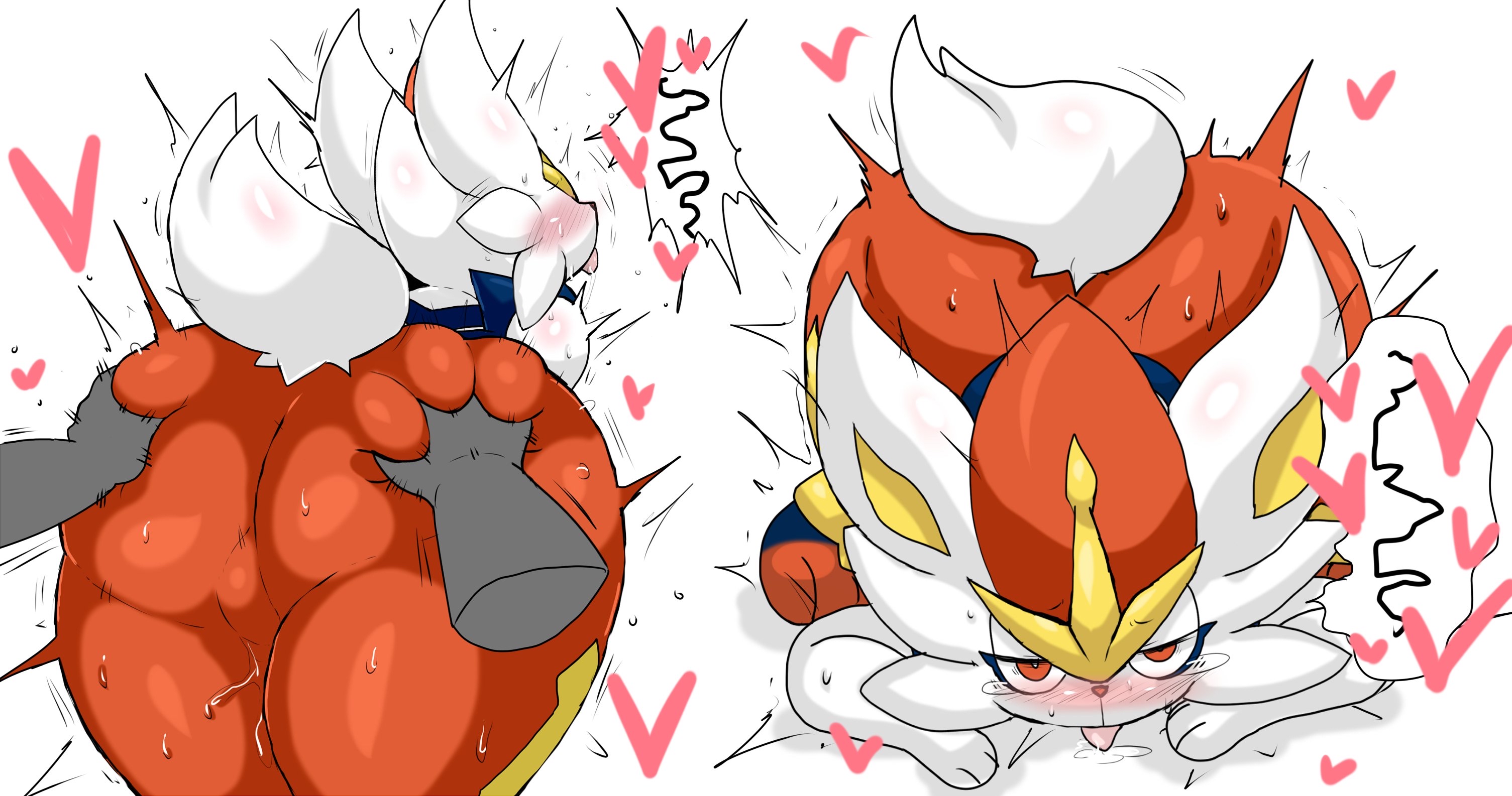 ambiguous gender, anthro, ass, ass grab, ass up, big ass, blush, cinderace, doughy ass, enigi09, fat ass, furry, half-closed eyes, huge ass, large ass, looking pleasured, nintendo, orange eyes, pokemon, pokemon ss, saliva, spoken heart, sweat, thick ass, thick thighs, thighs, tongue, tongue out, white background, white fur