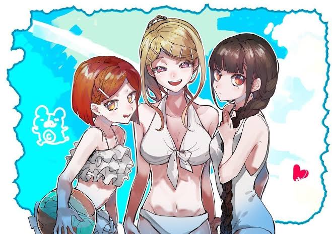 3girls, akamatsu kaede, big breasts, bikini, blonde hair, breasts, brown hair, danganronpa, danganronpa s: ultimate summer camp, danganronpa v3, female, female only, harukawa maki, long hair, medium breasts, multiple females, multiple girls, omu (artist), one-piece swimsuit, purple eyes, red eyes, red hair, short hair, small breasts, smile, smiling, smiling at viewer, straight hair, swimsuit, yellow eyes, yumeno himiko