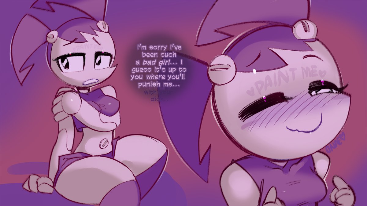 1girls, 2020, belly, belly button, blush, breasts, cute, eyelashes, eyeliner, female, female focus, female only, gynoid, happy, heart, humanoid, jenny wakeman, machine, my life as a teenage robot, nickelodeon, onae, pigtails, pointing, purple background, robot, robot girl, seductive, seductive look, seductive smile, shoulders, small breasts, smile, smooth skin, text, thick thighs, thighhighs, thin waist, wink, winking, xj-9