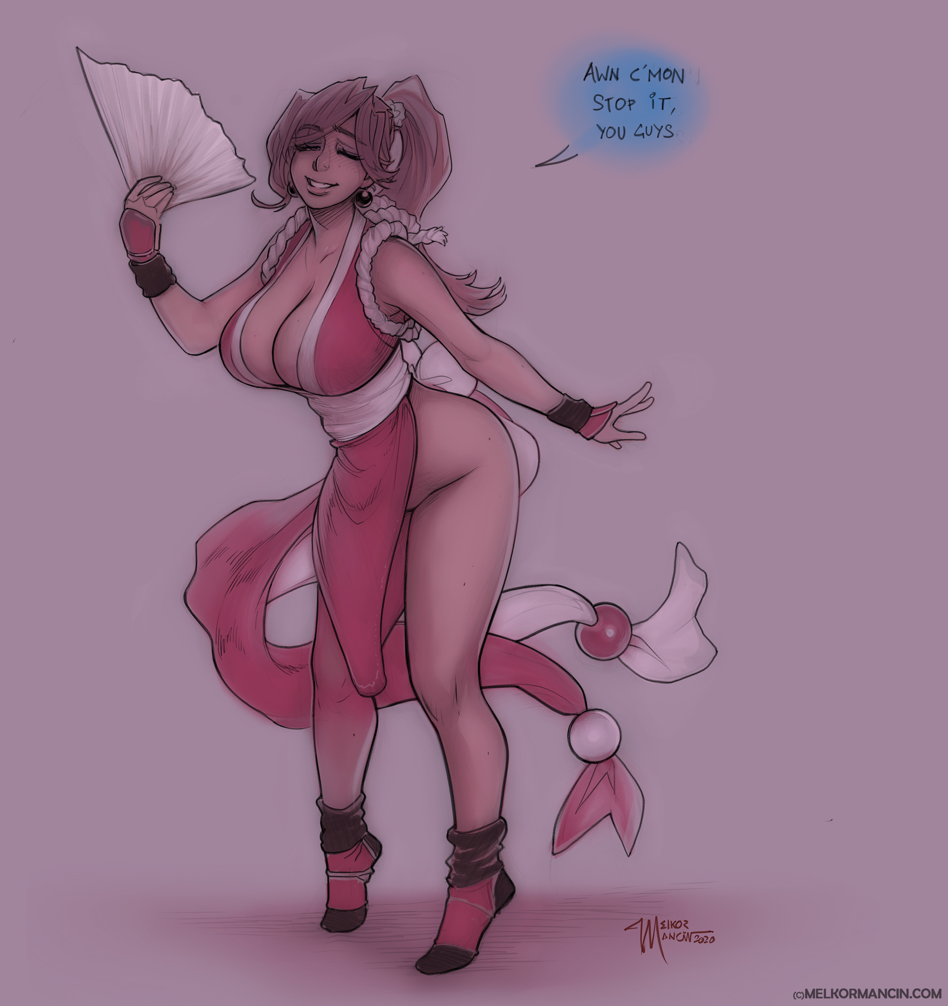 1girls, breasts, brown hair, closed eyes, cosplay, cute, fatal fury, female, huge breasts, janice hanson, king of fighters, loincloth, mai shiranui, mai shiranui (cosplay), melkor mancin, ninja, no panties, paper fan, shy, smile, snk, solo, standing, tabi, thighs, wide hips