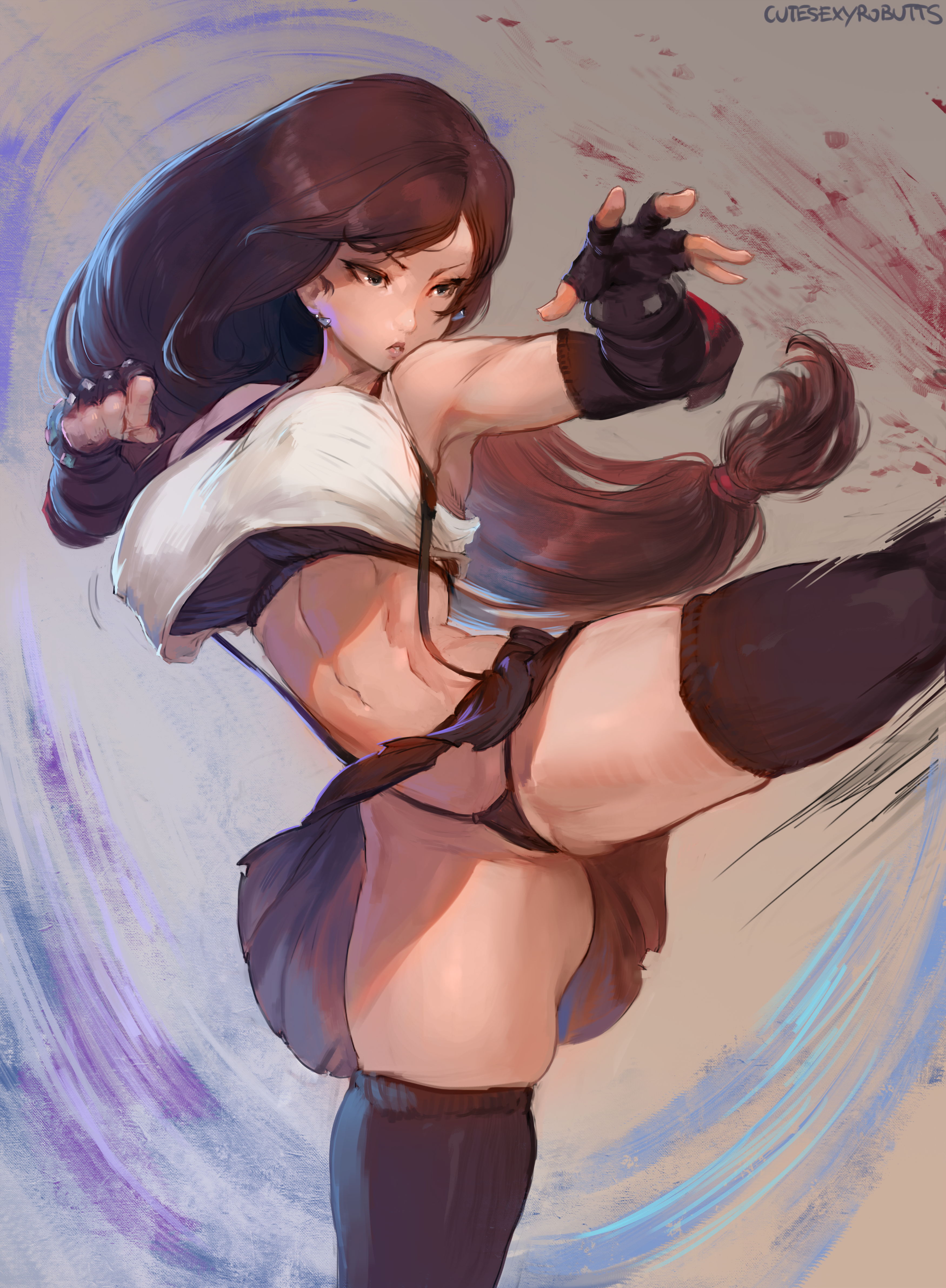 1girls, absurd res, alternate breast size, armored gloves, armpits, artist name, bare shoulders, belly, big breasts, black bra, black hair, black legwear, black panties, black thighhighs, black underwear, black-haired female, bouncing breasts, bra, breasts, brown eyes, brown hair, cutesexyrobutts, earrings, erect nipples, erect nipples under clothes, female, female only, final fantasy, final fantasy vii, final fantasy vii remake, fingerless gloves, gloves, hi res, high resolution, huge breasts, jewelry, kicking, large breasts, light skin, light-skinned female, long hair, midriff, miniskirt, navel, nipples, panties, shirt, skindentation, skirt, solo, solo female, spread legs, standing, standing on one leg, thick thighs, thighhighs, thighs, thong, tied hair, tifa lockhart, toned, underwear, very high resolution, very long hair, white shirt