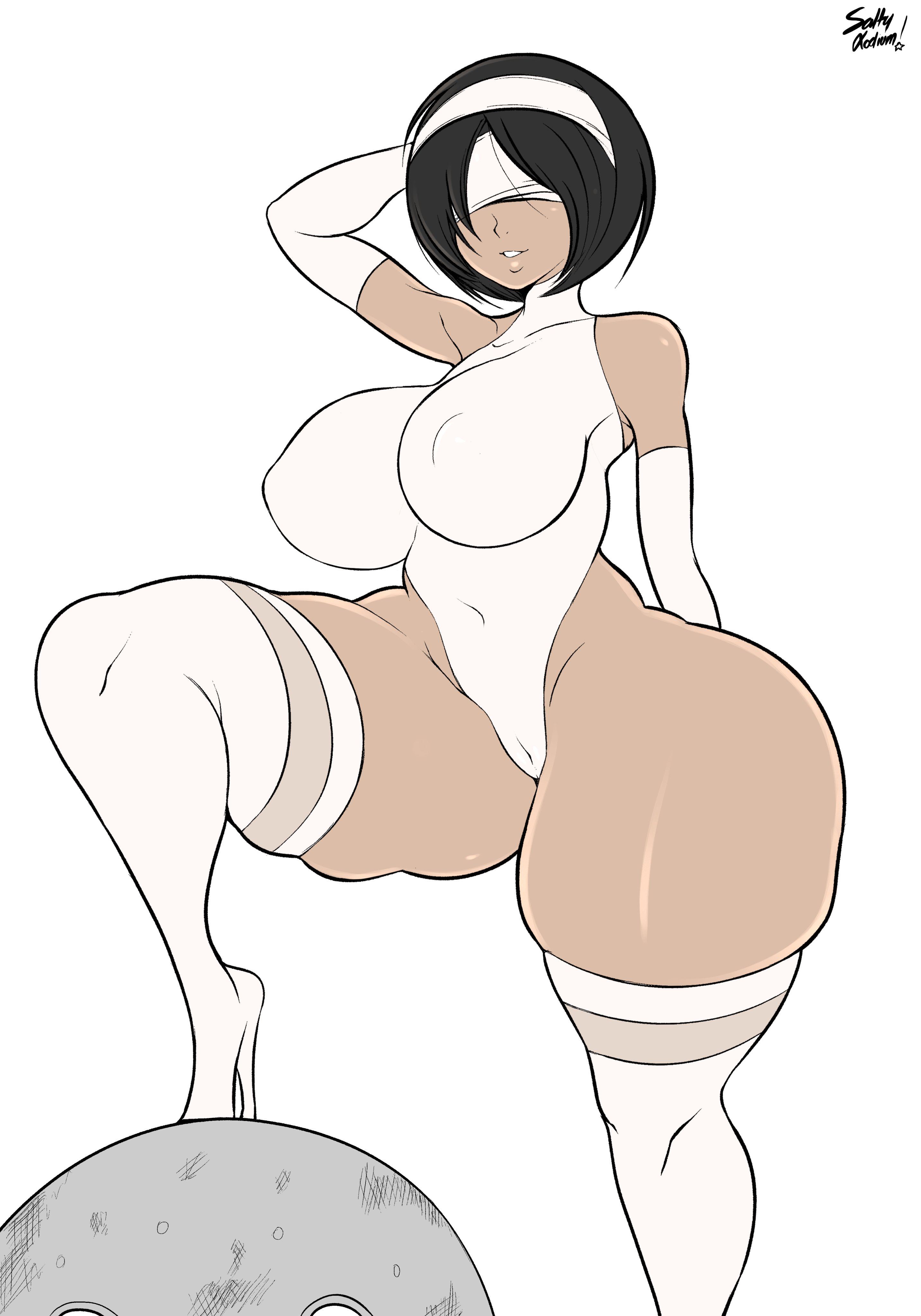 1girls, ass, big ass, big breasts, black hair, blindfold, breasts, curvy figure, elbow gloves, female, gloves, hairband, high heel boots, huge thighs, large breasts, nier (series), nier: automata, saltyxodium, short hair, thick thighs, thunder thighs, voluptuous, white background, wide hips, yorha 2p