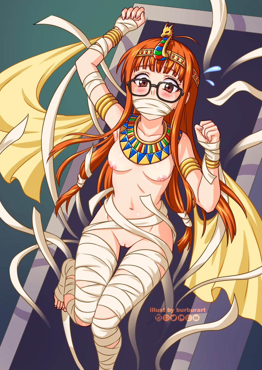 1girls atlus burbur damsel_in_distress exposed_breasts feet female_only gag gagged glasses halloween_costume mummy mummy_costume persona persona_5 pussy ripped_clothing sakura_futaba shadow_futaba small_breasts solo_female tagme