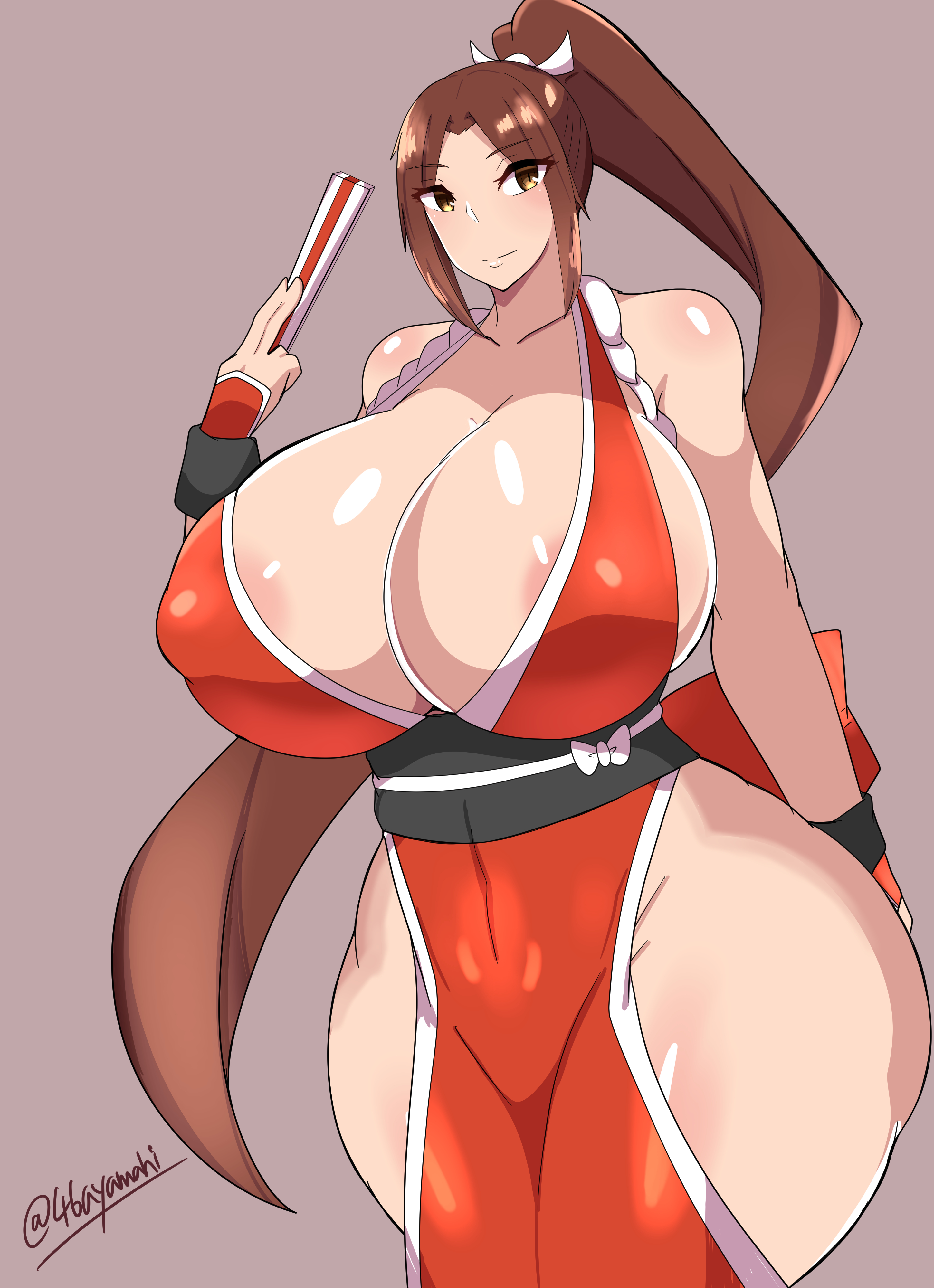 1girls, alternate body type, alternate breast size, areola slip, areolae, areolae slip, ayamahi, breasts, breasts bigger than head, brown hair, curvy figure, eye contact, fatal fury, female, female only, gigantic breasts, huge thighs, king of fighters, long hair, long ponytail, looking at viewer, mai shiranui, ponytail, snk, solo, standing, thick thighs, thighs, very long hair, voluptuous, wide hips, yellow eyes
