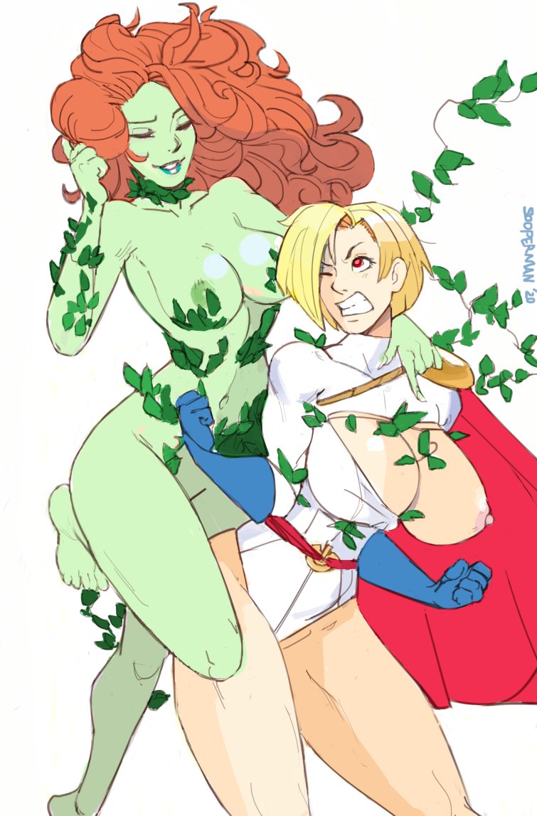 2d 2girls alien alien_girl alien_look_like_human areola_slip barefoot batman_(series) big_breasts blonde_hair breasts breasts_out dc_comics feet female female_only green-skinned_female green_skin kara_zor-l karen_starr large_breasts multiple_girls nipples pamela_isley poison_ivy power_girl red_hair short_blonde_hair sooperman superman_(series) toes yuri