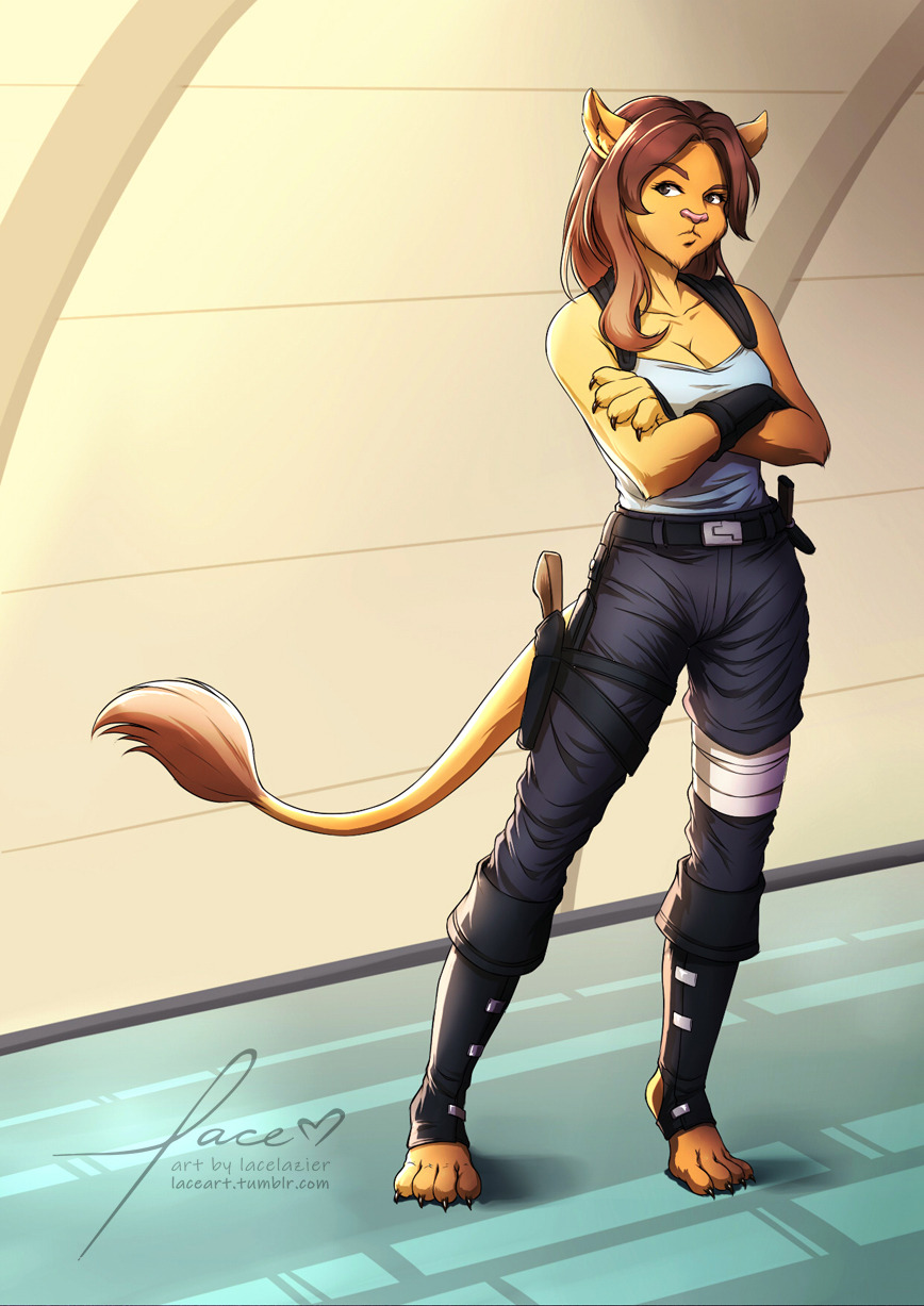 2019 4_toes alien anthro artist_signature bare_shoulders brown_eyes caitian_(species) cat_ears claws cleavage crossed_arms female furry furry_tail gun humanoid inner_ear_fluff lacelazier leg_holster orange_fur solo tiptoes tumblr_username url weapon