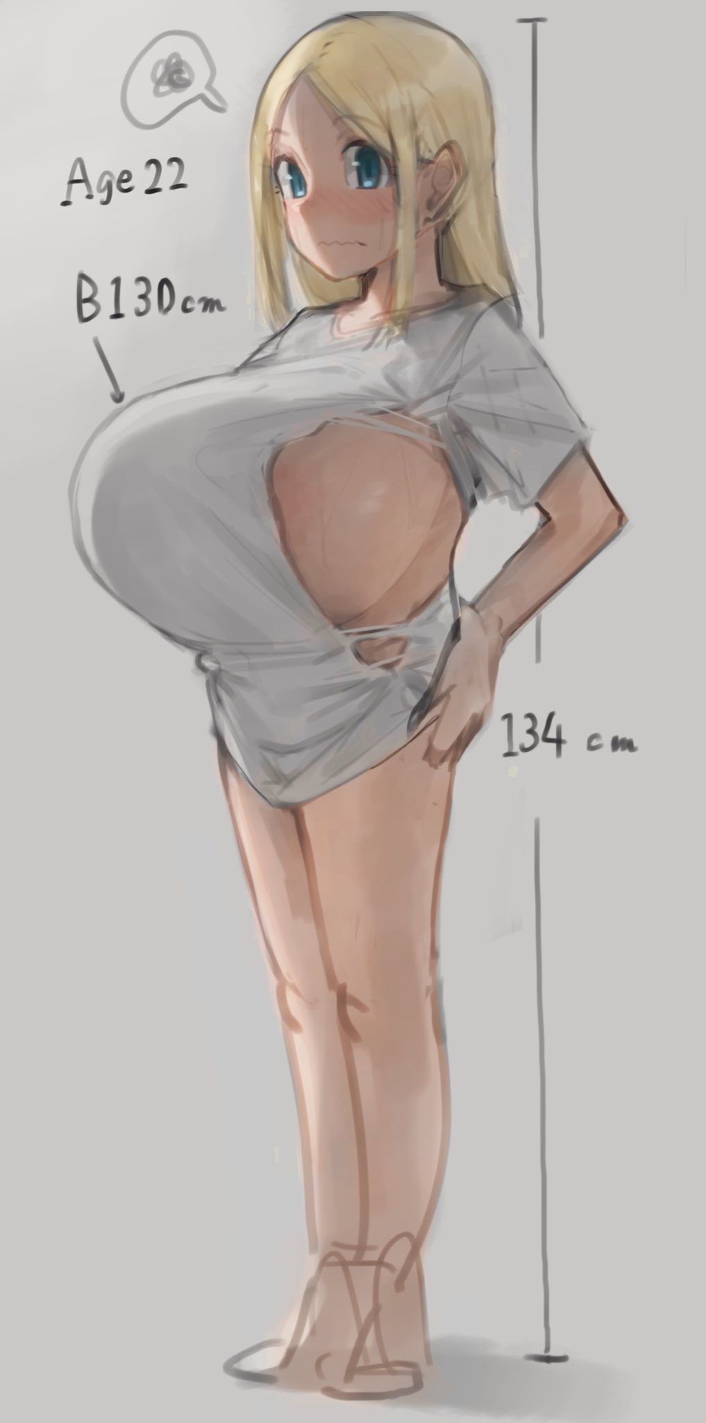 1girls, areola slip, areolae, bangs, blonde hair, blue eyes, blush, bottomless, breasts, bursting breasts, eyebrows visible through hair, female, female only, grey background, hands on hips, highres, huge breasts, long hair, looking at viewer, original, oruka (kamituki0827), shortstack, sideboob, simple background, small but busty, solo, spoken squiggle, squiggle, standing, wardrobe malfunction