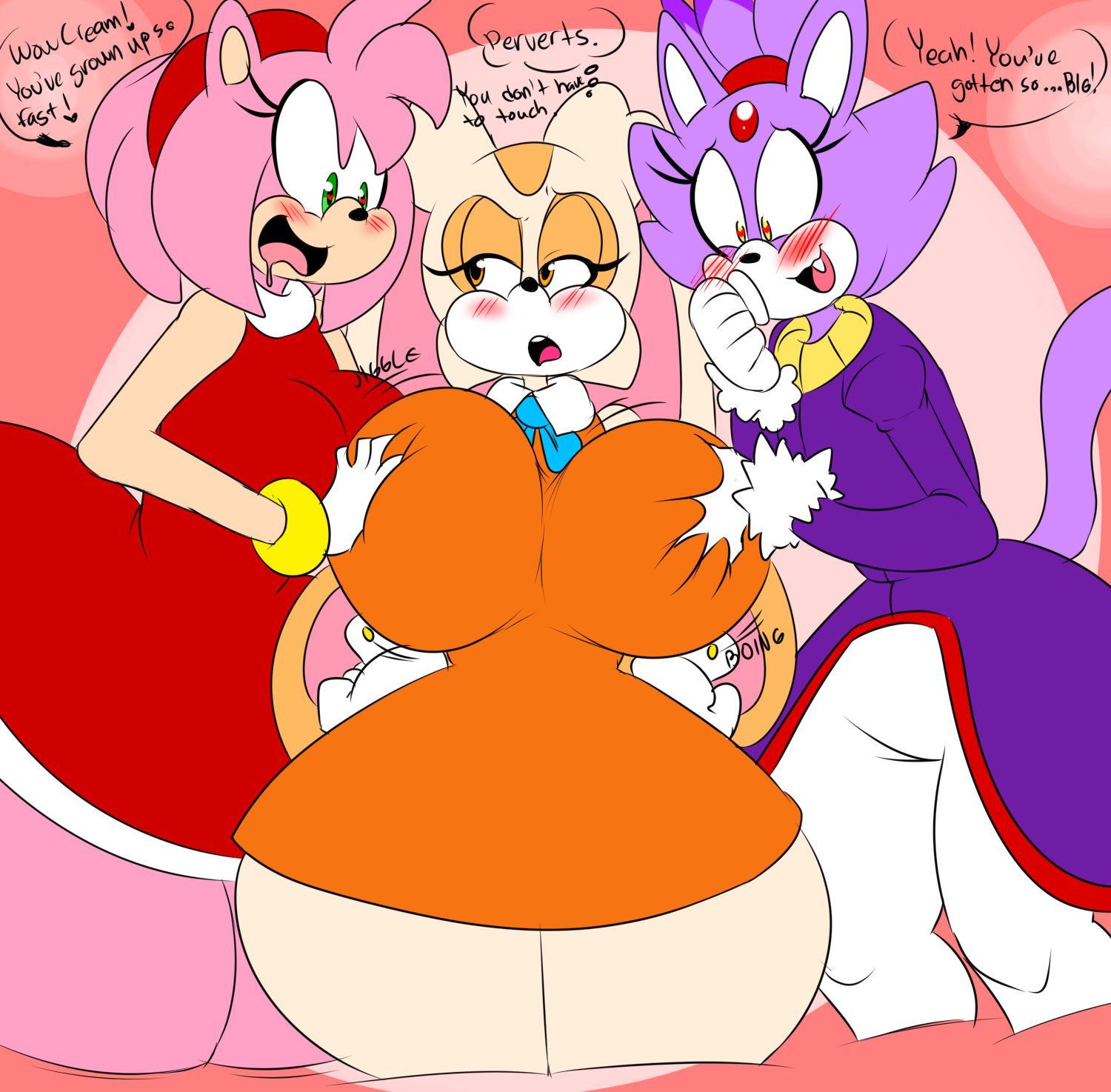 3girls, age difference, aged up, amy rose, annoyed, anthro, ass, ass bigger than head, big breasts, blaze the cat, blush, breast grab, breasts, cat tail, clothed, cream the rabbit, curvaceous, curvy, denizen1414, dress, drooling, fangs, feline, female, female only, furry, gloves, green eyes, heart-shaped pupils, hedgehog, hi res, highres, huge ass, huge breasts, jiggle, rabbit, sonic (series), tail, thick thighs, thighs, wide hips, yellow eyes, yuri