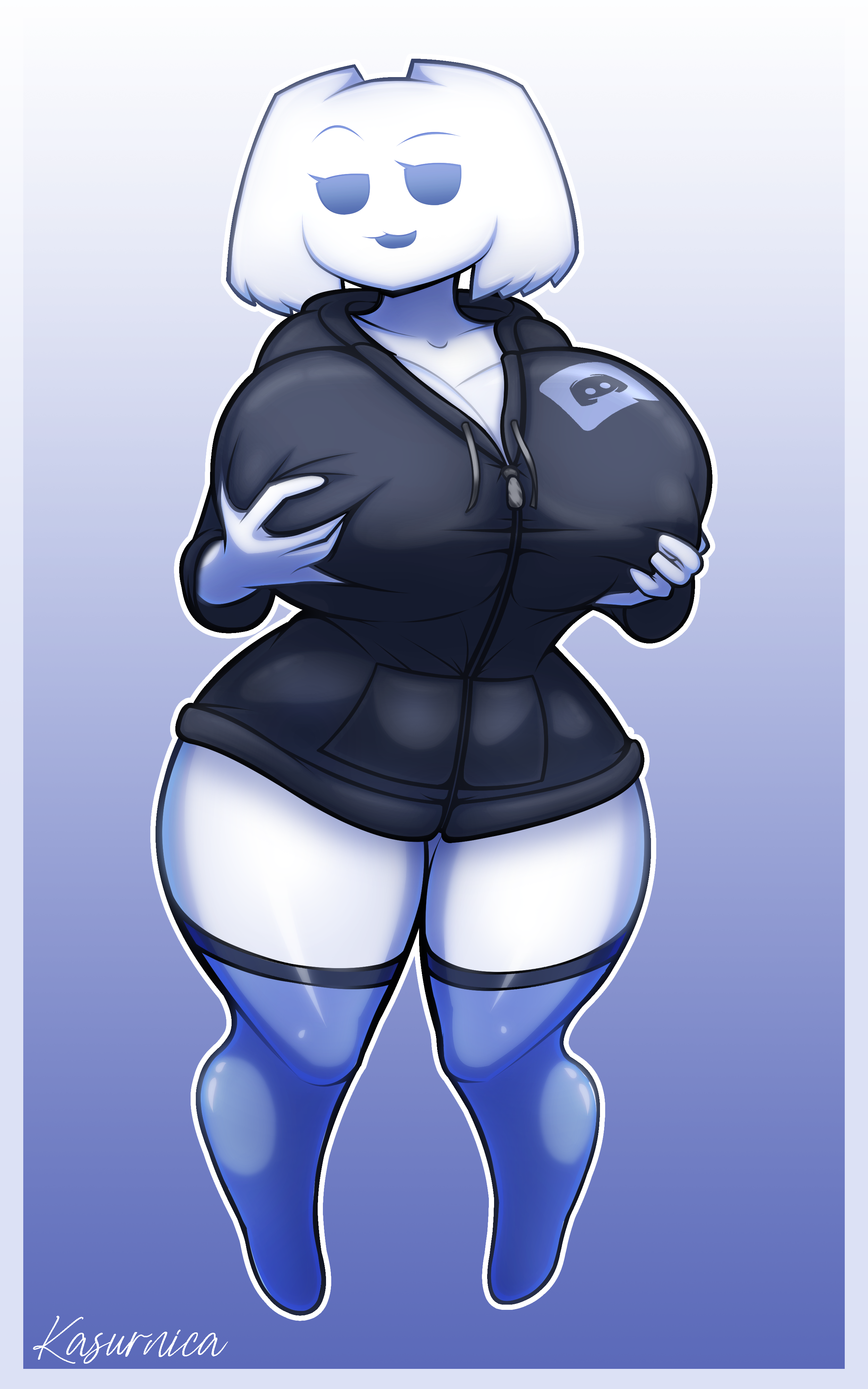 1girls, anthro, anthrofied, breast grab, breasts, clothing, clyde (discord), discord, discord (app), discord logo, female, female only, grabbing breasts, grabbing own breast, gradient background, hoodie, huge breasts, jacket, kasurnica, large breasts, nipple pinch, solo, solo female, solo focus, thick, thick thighs, thighs, white skin, wide hips
