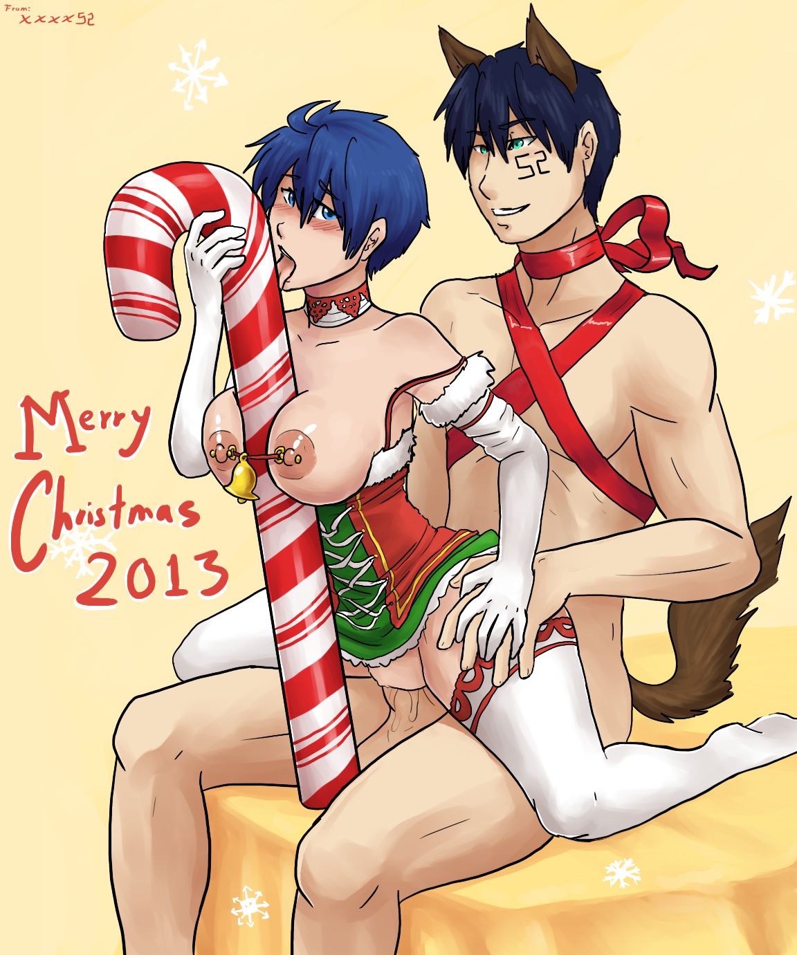 1boy 1girls 52_(xxxx52) aik_(xxxx52) blue_eyes blue_hair candy_cane christmas female kemonomimi licking nipple_chain nipple_piercing reverse_cowgirl_position sex short_hair straight tongue_out vaginal vaginal_penetration vaginal_sex xxxx52