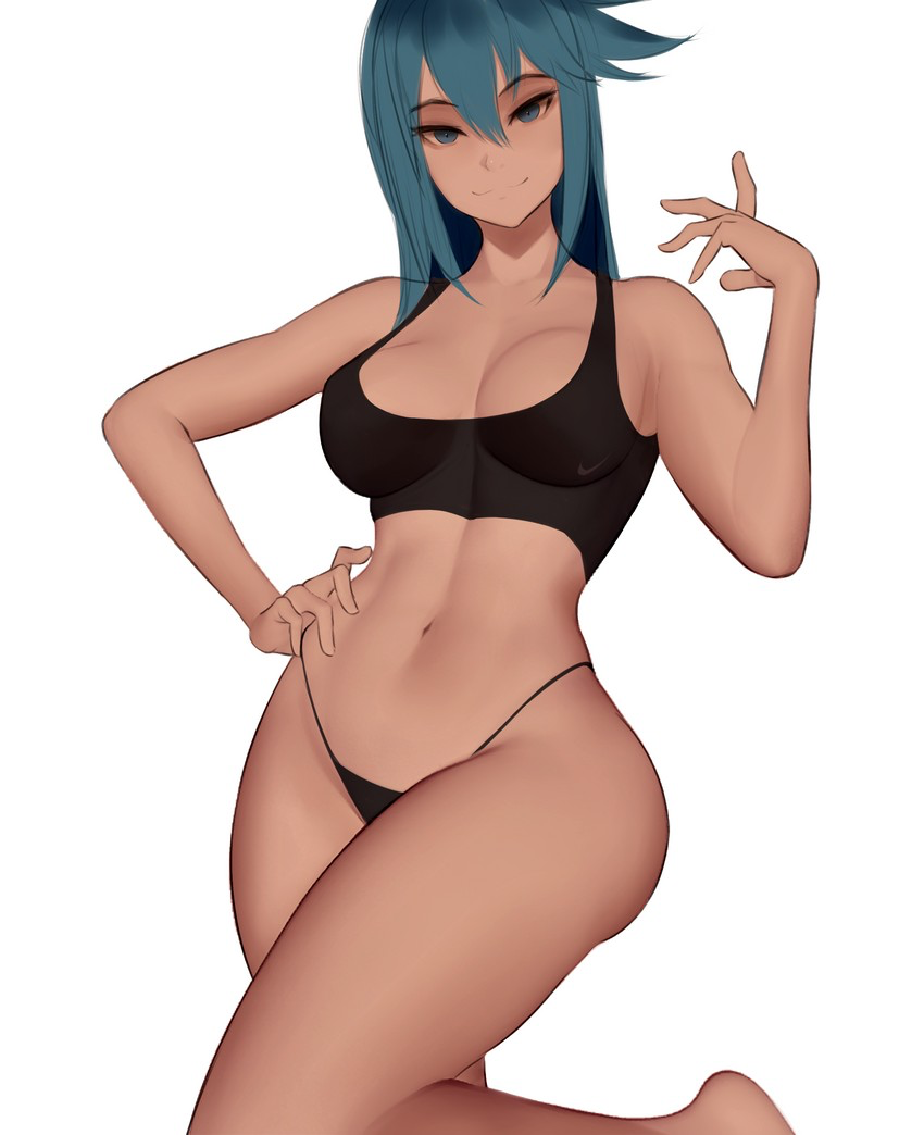 aqua_(konosuba) black_underwear blue_hair cleavage hand_on_hip kono_subarashii_sekai_ni_shukufuku_wo! long_hair nike on_one_leg seductive_look sports_bra tagme thick_thighs thong underwear zaki_btw