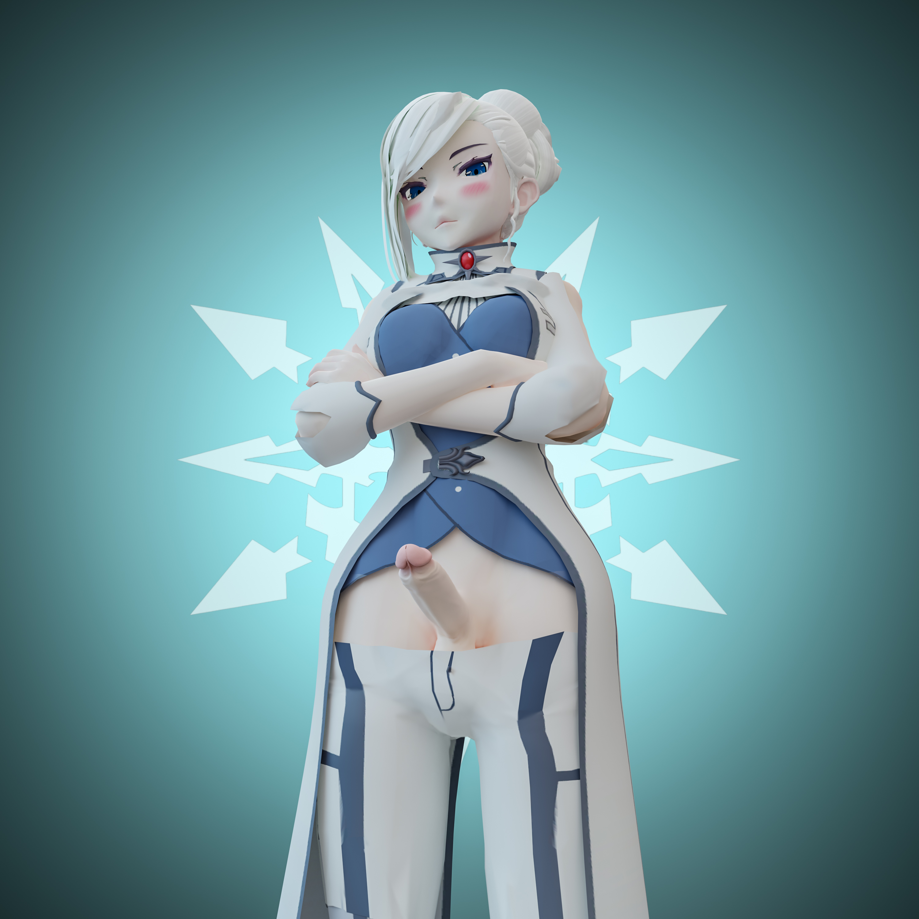 1futa, 3d, 3d (artwork), balls, blender, blue eyes, blush, futa only, futanari, hi res, intersex, justhopelessbaka, pov, pov eye contact, rwby, solo futa, white hair, winter schnee