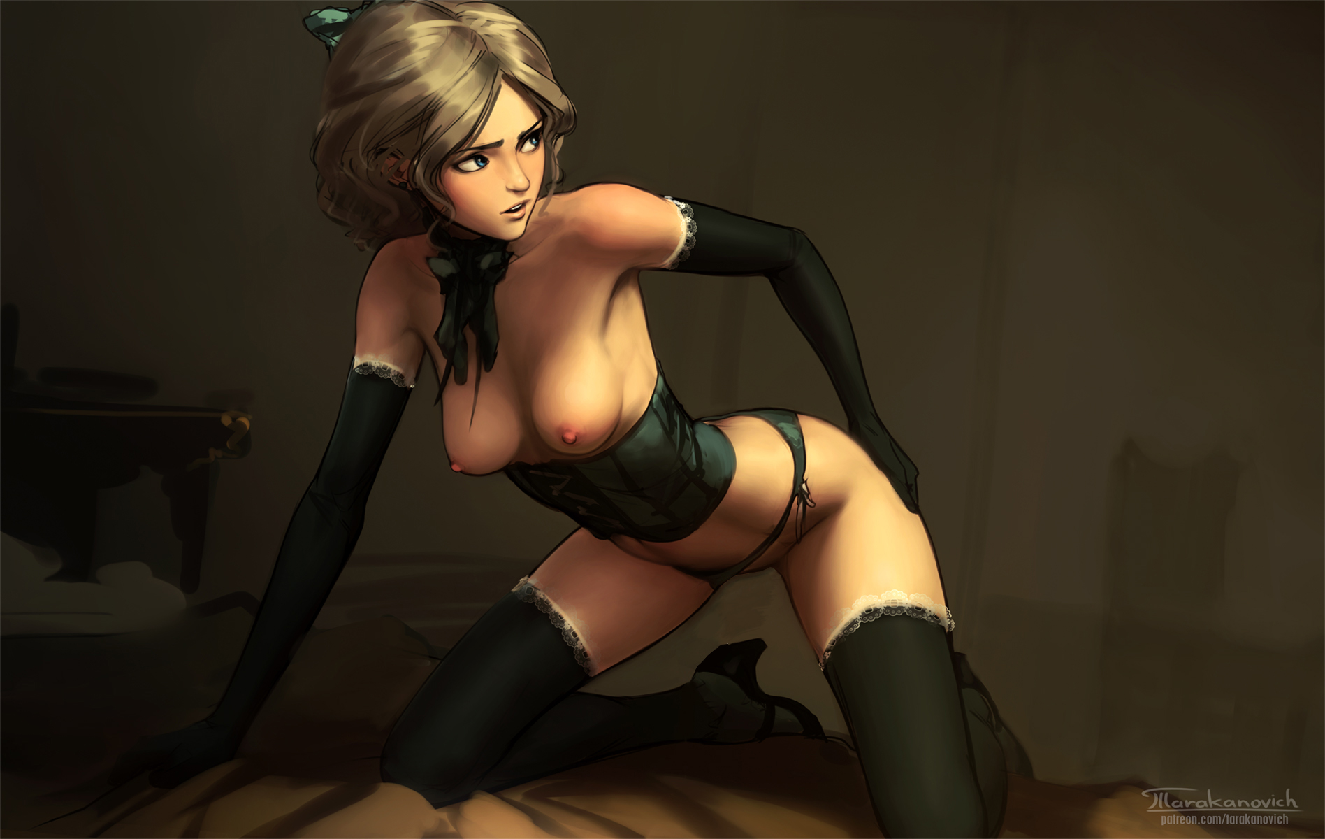 1girls, arm sleeves, blonde hair, blue eyes, bottomless, bow tie, breasts, brown hair, choker, corset, elbow gloves, female, female only, garter belt, green lingerie, high heels, inviting, lingerie, no bra, ribbon, small breasts, stockings, tarakanovich, thighhighs