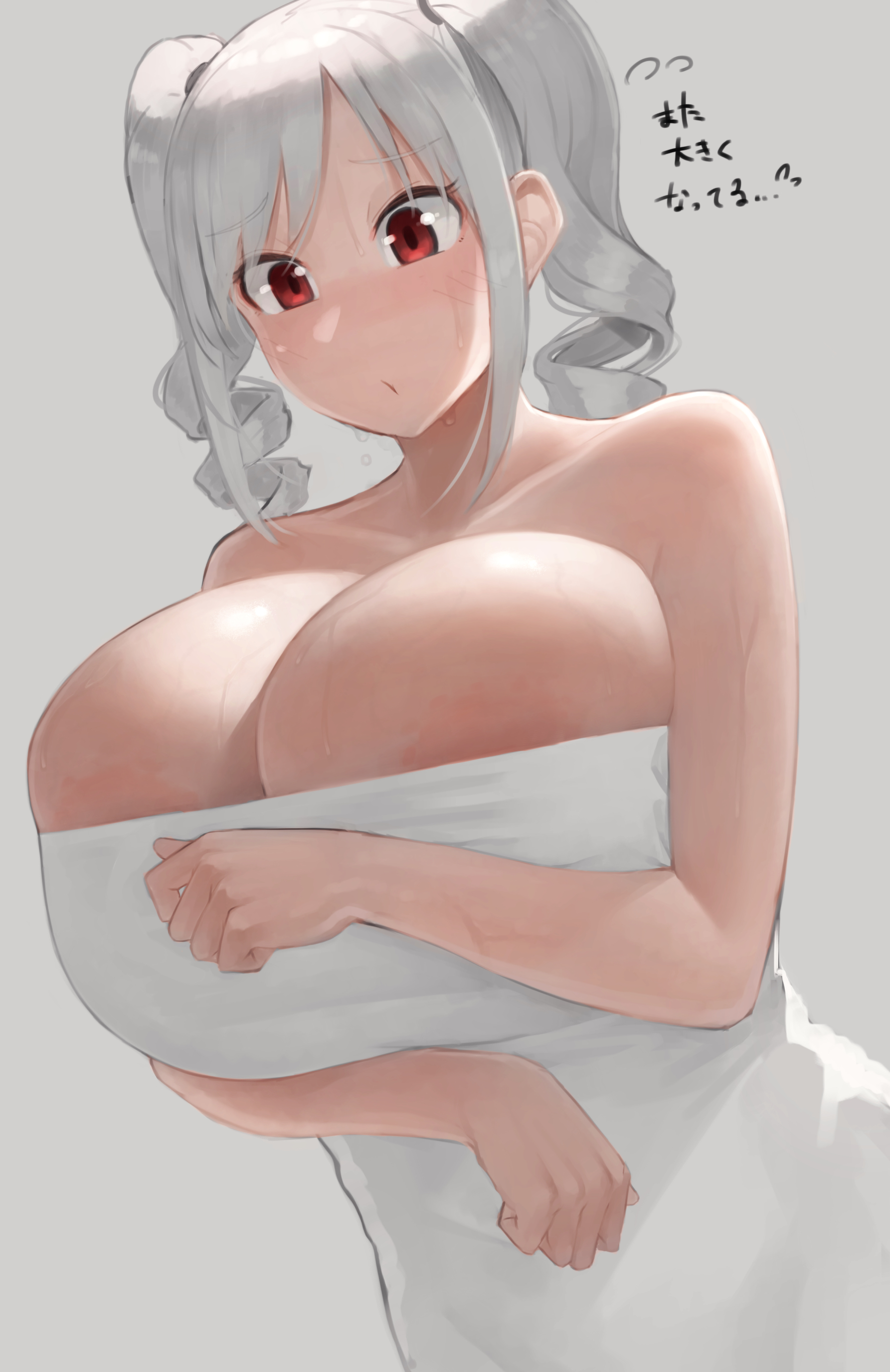 absurdres, alternate breast size, areola slip, areolae, bare shoulders, breasts, cleavage, collarbone, drill hair, female, flying sweatdrops, frown, grey background, highres, hug, huge breasts, idolmaster, idolmaster cinderella girls, kanzaki ranko, long hair, looking down, oruka (kamituki0827), parted lips, red eyes, silver hair, simple background, solo, sweat, towel, translation request, twin drills, veins, veiny breasts