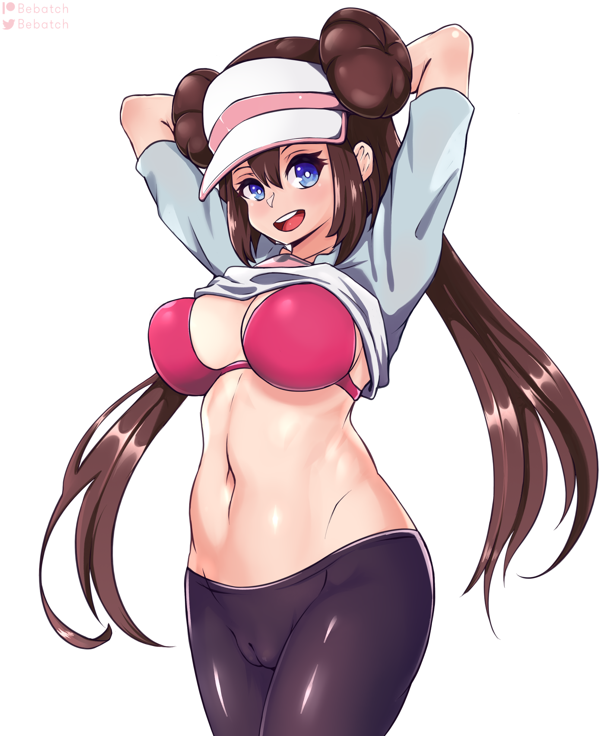 1girls, arms behind head, bebatch, big breasts, blue eyes, bra, breasts, brown hair, cameltoe, cap, double bun, eye contact, female, hat, latex leggings, long hair, long twintails, looking at viewer, medium breasts, nintendo, pants, pokemon, pokemon bw2, pussy, rosa (pokemon), shiny clothes, shirt lift, thick thighs, thighs, twintails, white background