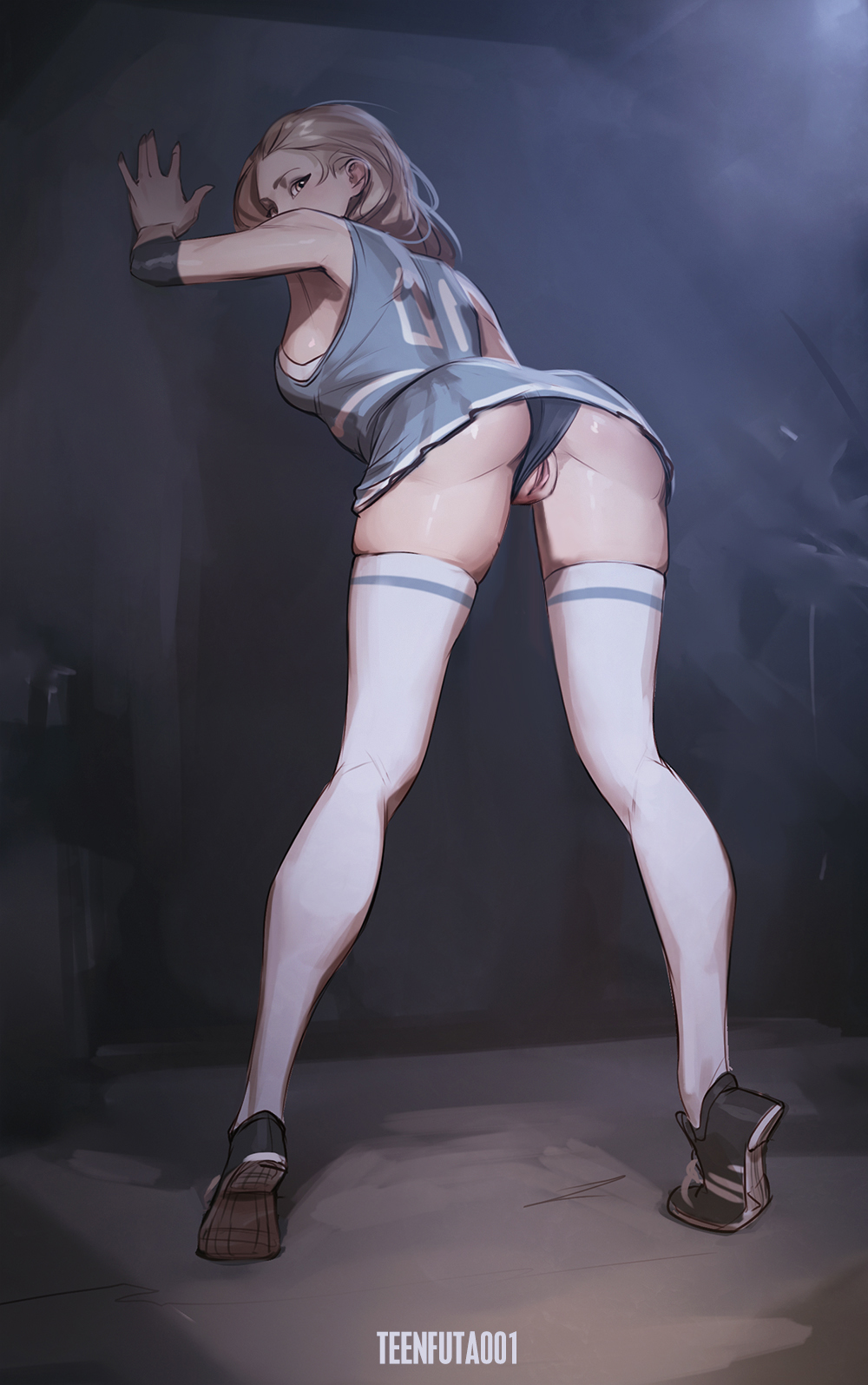 1girls, against wall, alternate version available, ass, bent over, blonde hair, blue panties, breasts, bubble ass, bubble butt, cheerleader, clothed, clothing, edit, female, female only, fully clothed, highres, legwear, long hair, looking at viewer, looking back, medium breasts, panties, panties aside, presenting hindquarters, pussy, shoes, sideboob, skindentation, sneakers, solo, tarakanovich, teenager, thick thighs, thighhighs, tiptoes, uncensored, underwear, vagina, white legwear, yellow eyes