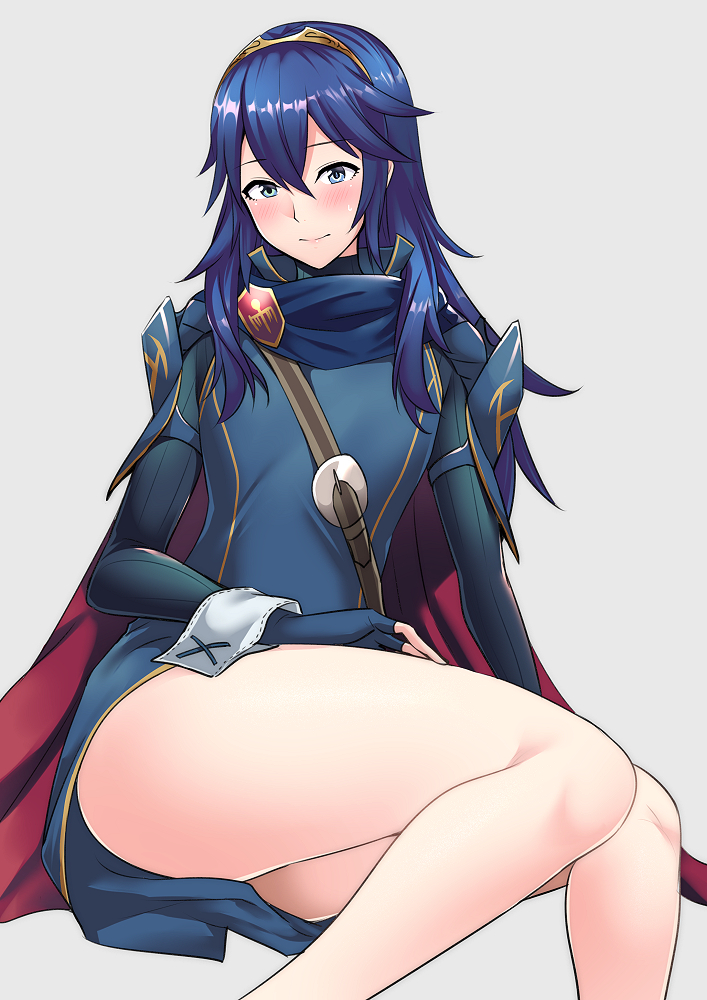 1girls ameno_(a_meno0) bare_legs blue_eyes blue_hair blush breasts cape embarrassed female female_only fingerless_gloves fire_emblem fire_emblem_awakening flat_chest gloves hair_between_eyes long_hair looking_at_viewer lucina_(fire_emblem) nintendo presenting_thighs royalty simple_background sitting small_breasts smile smiling solo solo_female thick_thighs thigh_focus thighs tiara