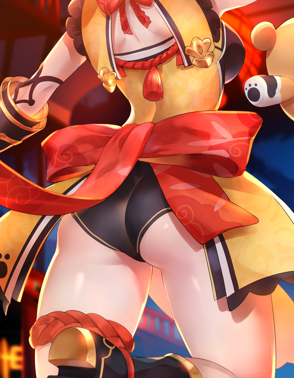 ass ass_focus black_shorts boots bow bowtie china_dress chinese_clothes close-up dress female from_behind genshin_impact gouba_(genshin_impact) head_out_of_frame high_heels highres leg_up legs lower_body panda paw_print red_bow shiny shiny_skin short_shorts shorts sleeveless sleeveless_dress thighs tomoyohi xiangling_(genshin_impact) yellow_dress