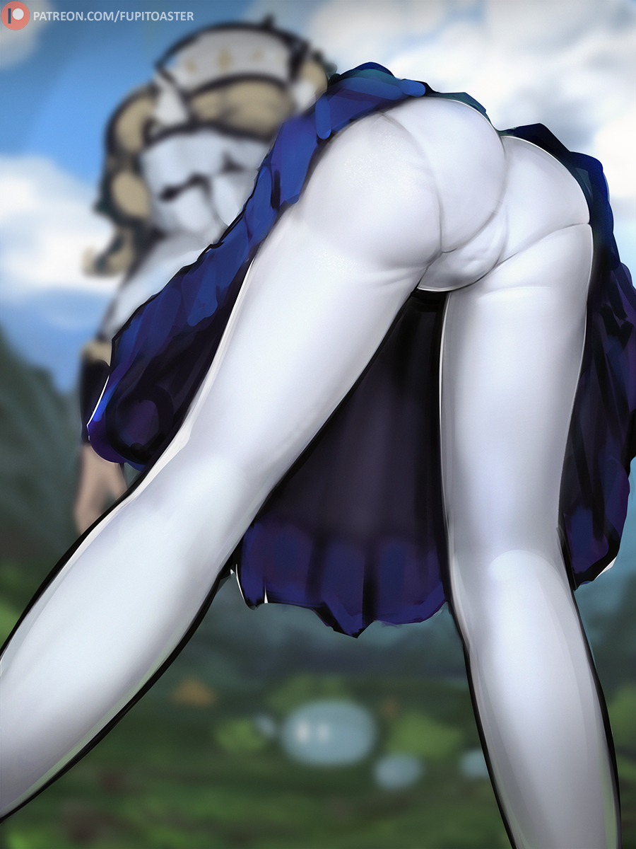 ass, barbara (genshin impact), blonde hair, clothed, clothed female, female, female focus, from behind, from behind position, fupitoaster, genshin impact, leaning forward, nun, pantyhose, pov, upskirt, white dress, white headwear, white legwear, young, younger female