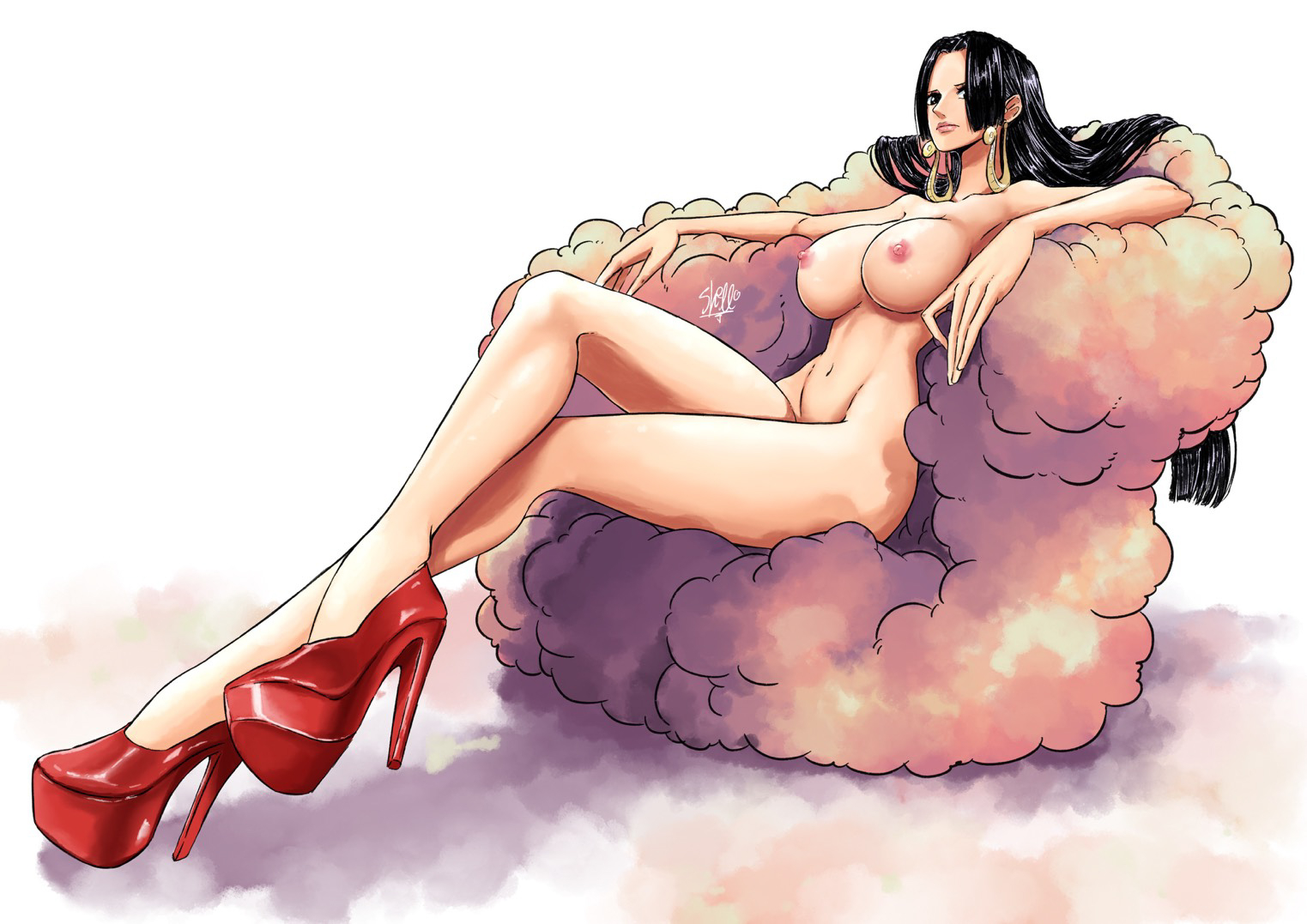 1girls, black hair, black-haired female, boa hancock, breasts, brunette, female, female only, heels only, high heels, naked footwear, nude, one piece, red heels, shellmaru, sitting on chair, solo female