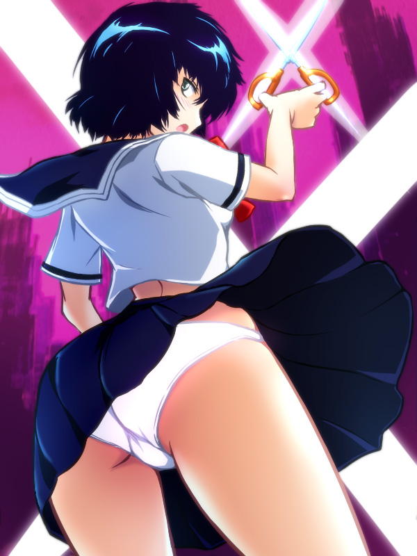 2012 ass back black_eyes black_hair bow clothing color dha digital_media_(artwork) female looking_back lowres miniskirt nazo_no_kanojo_x pantsu pleated_skirt school_uniform scissors serafuku short_hair skirt solo standing trefoil underwear urabe_mikoto white_panties white_underwear wind wind_lift windy_skirt