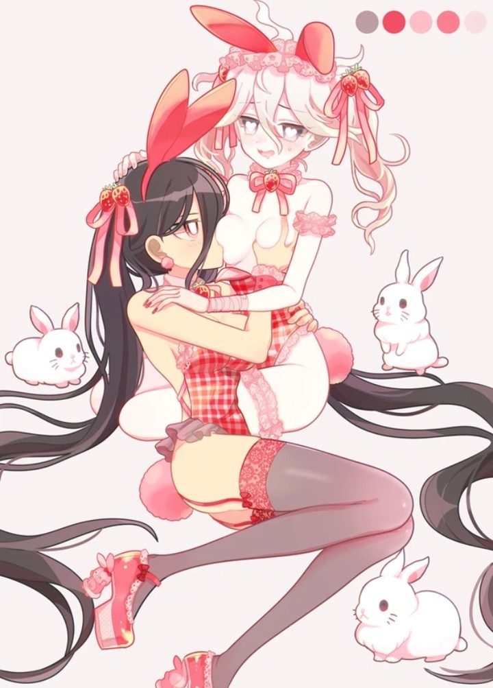 big breasts, blush, bodysuit, breast grab, breast sucking, breasts, bunny ears, bunny girl, bunnysuit, clothing, cute, danganronpa, danganronpa 2: goodbye despair, drooling, earrings, female, genderswap, genderswap (mtf), groping breasts, hair ribbon, heart-shaped pupils, high heels, izuru kamukura, koseiya, lingerie, long hair, looking pleasured, nagito komaeda, rule 63, straight hair, thigh strap, topless