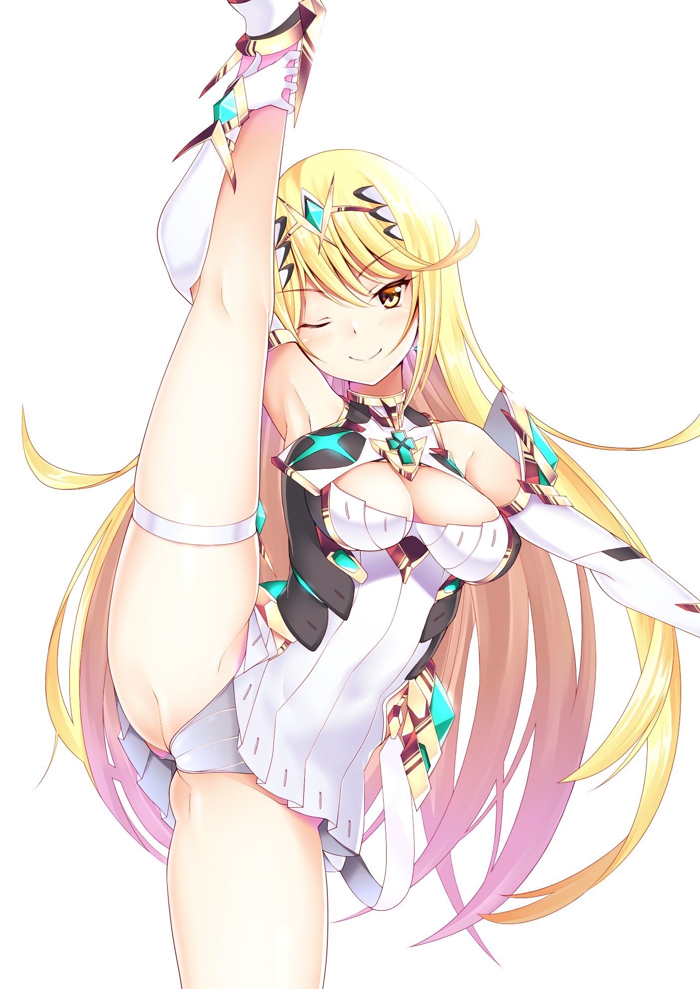 1girls, blonde hair, breasts, cleavage, cleavage cutout, close-up, clothing cutout, daive, female, highres, large breasts, leg up, mythra, nintendo, one eye closed, panties, samponess, skindentation, splits, standing, standing on one leg, underwear, vertical splits, white panties, xenoblade (series), xenoblade chronicles 2, yellow eyes