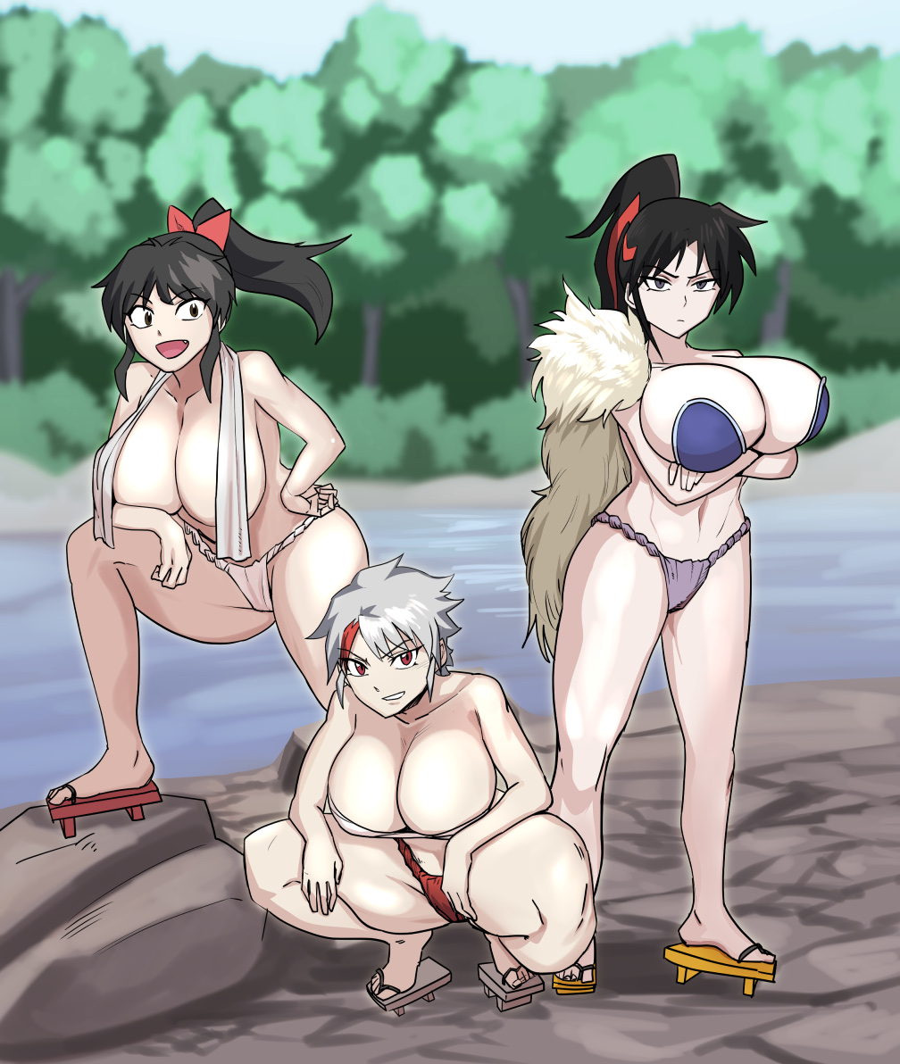 3girls big_breasts black_hair breasts brown_eyes female female_only forest_background fundoshi fur_scarf higurashi_towa hotsaurus huge_breasts inuyasha large_breasts moroha multiple_girls naked_footwear naked_with_shoes_on nude panties red_eyes seductive setsuna_(yashahime) short_hair silver_hair tomboy towel towel_around_neck wooden_sandals yashahime:_princess_half-demon