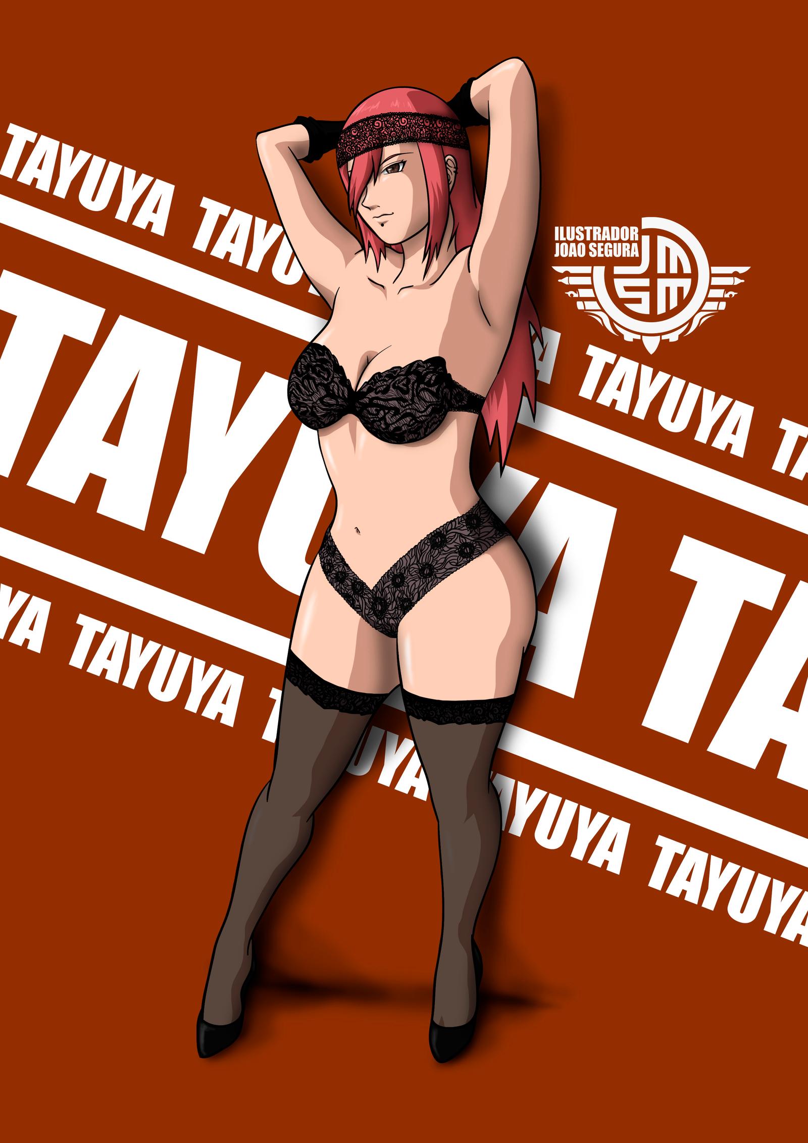 1girls arms_behind_head arms_up bare_shoulders bra breasts brown_eyes character_name cleavage facial_piercing female female_only footwear hair_between_eyes headband heels joao_segura lingerie long_hair naruto naruto_(classic) panties piercing posing red_hair stockings tayuya underwear wide_hips