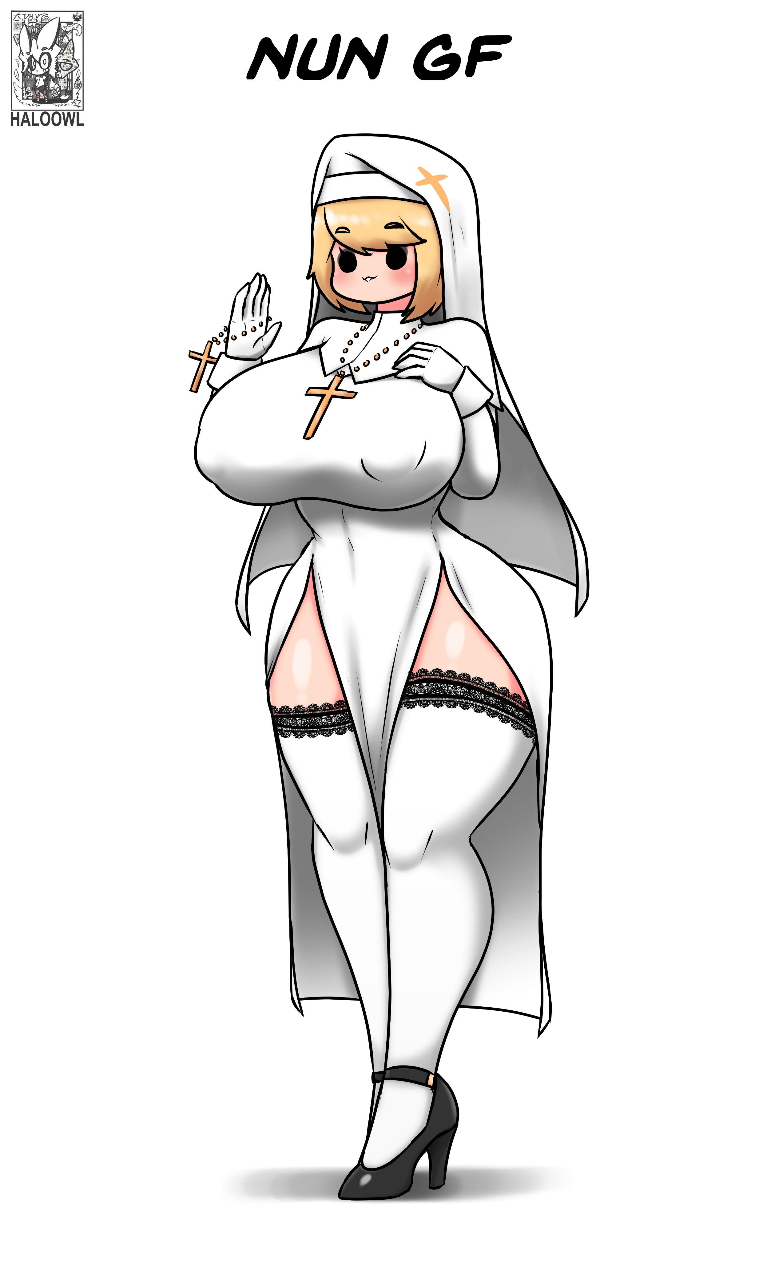 1girls, big breasts, blonde hair, blush, breasts, curvy figure, female, gloves, haloowl, high heels, huge breasts, ideal gf, large breasts, legwear, nun, nun's habit, original, short hair, solo, standing, thick thighs, thighs, tight clothing, voluptuous, white background, wide hips