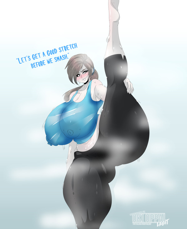 1girls, areolae, ass, big breasts, blush, breasts, breasts bigger than head, english text, eyelashes, eyeliner, feet, female, female only, huge ass, huge breasts, large breasts, nintendo, nipples, nipples visible through clothing, okioppai, one leg up, see-through clothing, smile, solo, splits, sweat, text, thick, thick thighs, vertical splits, wide hips, wii fit, wii fit trainer, wii fit trainer (female)
