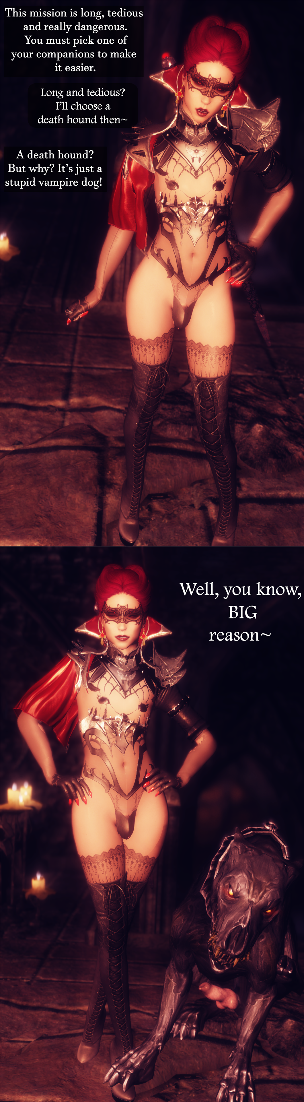 1boy, 3d, bethesda softworks, boots, bulge, canine, canine penis, femboy, feminine male, long boots, male, mask, penis, red claws, red hair, skyrim, speech bubble, the elder scrolls, trap, vampire