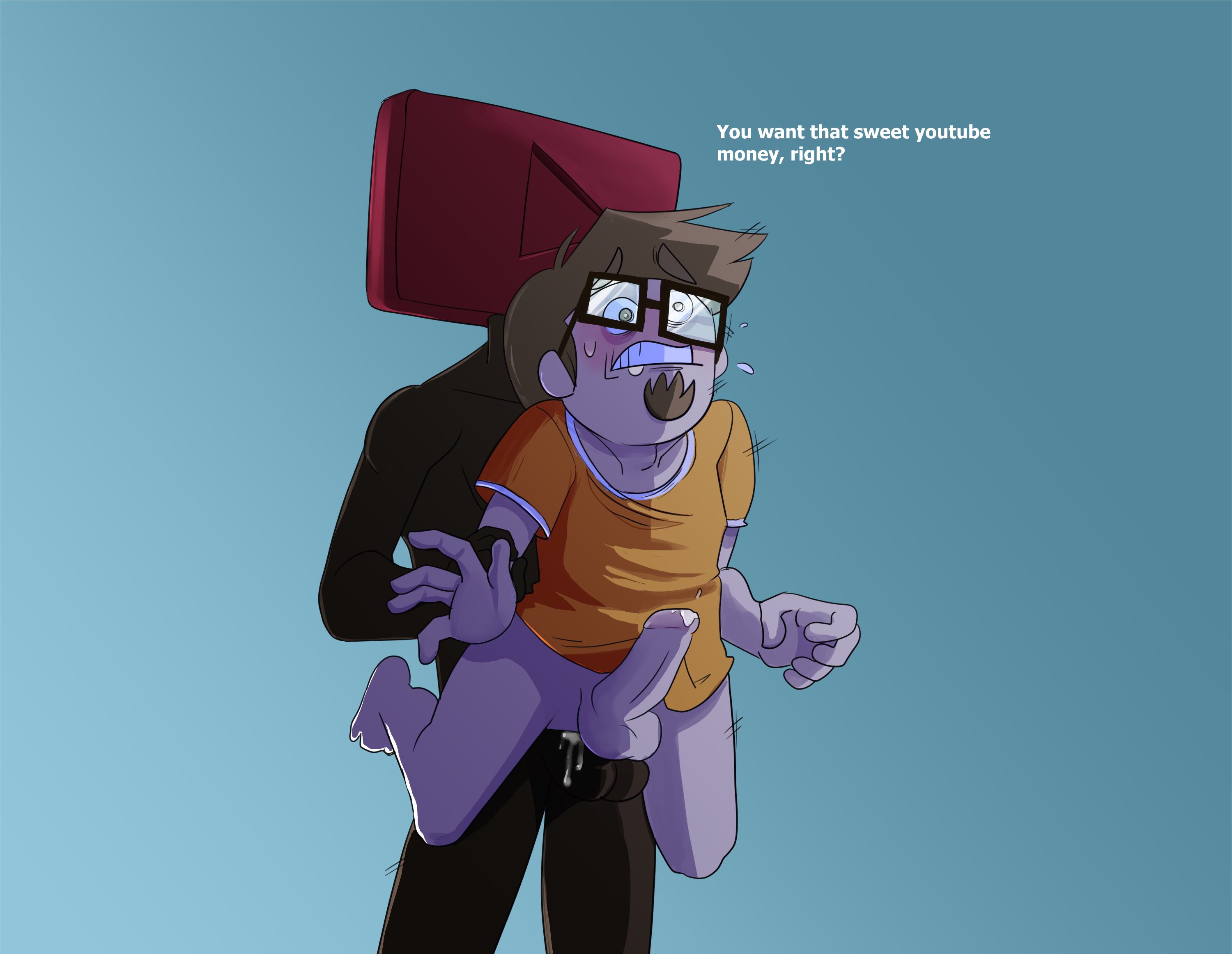 ass, beard, black skin, blue background, blush, bottomless, brown eyebrows, brown hair, company, cum, cum in ass, cum inside, cum on penis, gay, glasses, hair, male, male penetrating, orange shirt, orange topwear, penis, raised eyebrows, rape, real person, saberspark, size difference, snacklewd, stephen carver, sweat, tan skin, text, youtube