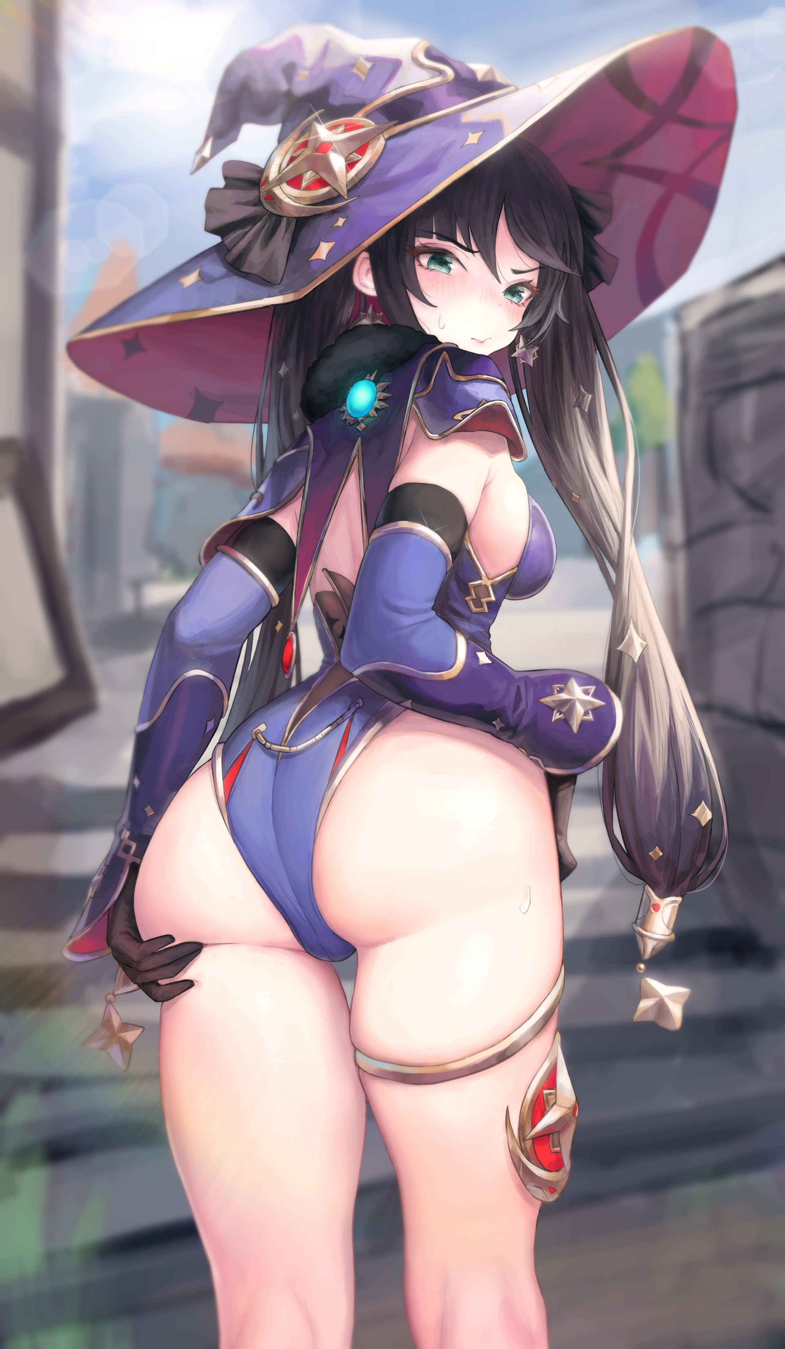 1girls, absurd res, ass, ass grab, blush, breasts, embarrassed, female, from behind, genshin impact, hi res, leotard, mona (genshin impact), no legwear, sweatdrop, thick thighs, thighs, witch hat