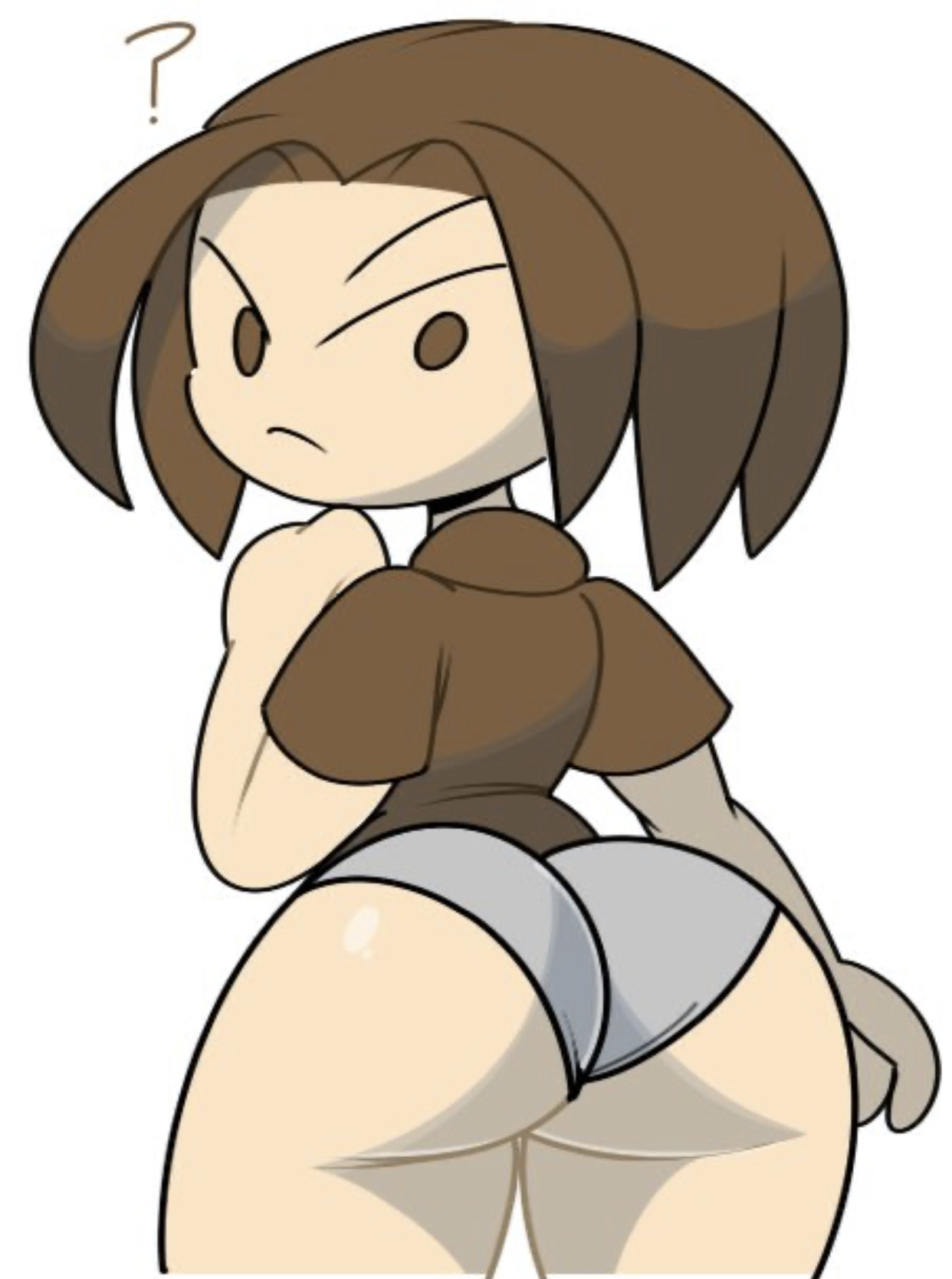 ?, 1boy, ass, ass focus, back view, big ass, big butt, brother, brown eyes, brown hair, brown shirt, femboy, gay, grey underwear, hihi (vilepluff), looking at viewer, looking back, looking down, male, male only, mob face, question mark, simple background, thick ass, thick thighs, underwear, vilepluff