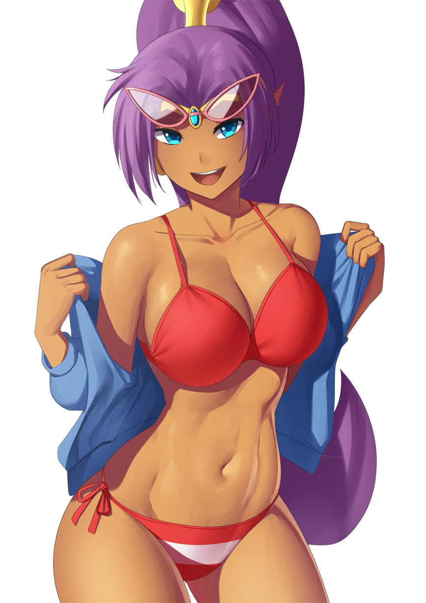 1girls, bare shoulders, big breasts, bikini, blue eyes, breasts, brown skin, cleavage, cowboy shot, dark skin, dark-skinned female, deepfried (artist), earrings, eyewear on head, female, female only, female protagonist, hood, hoodie, jewelry, long hair, long sleeves, looking at viewer, open clothes, open mouth, pointy ears, ponytail, purple hair, red bikini, shantae, shantae (character), simple background, smile, smooth skin, solo, stomach, sunglasses, swimsuit, tan skin, thighs, tiara, white background