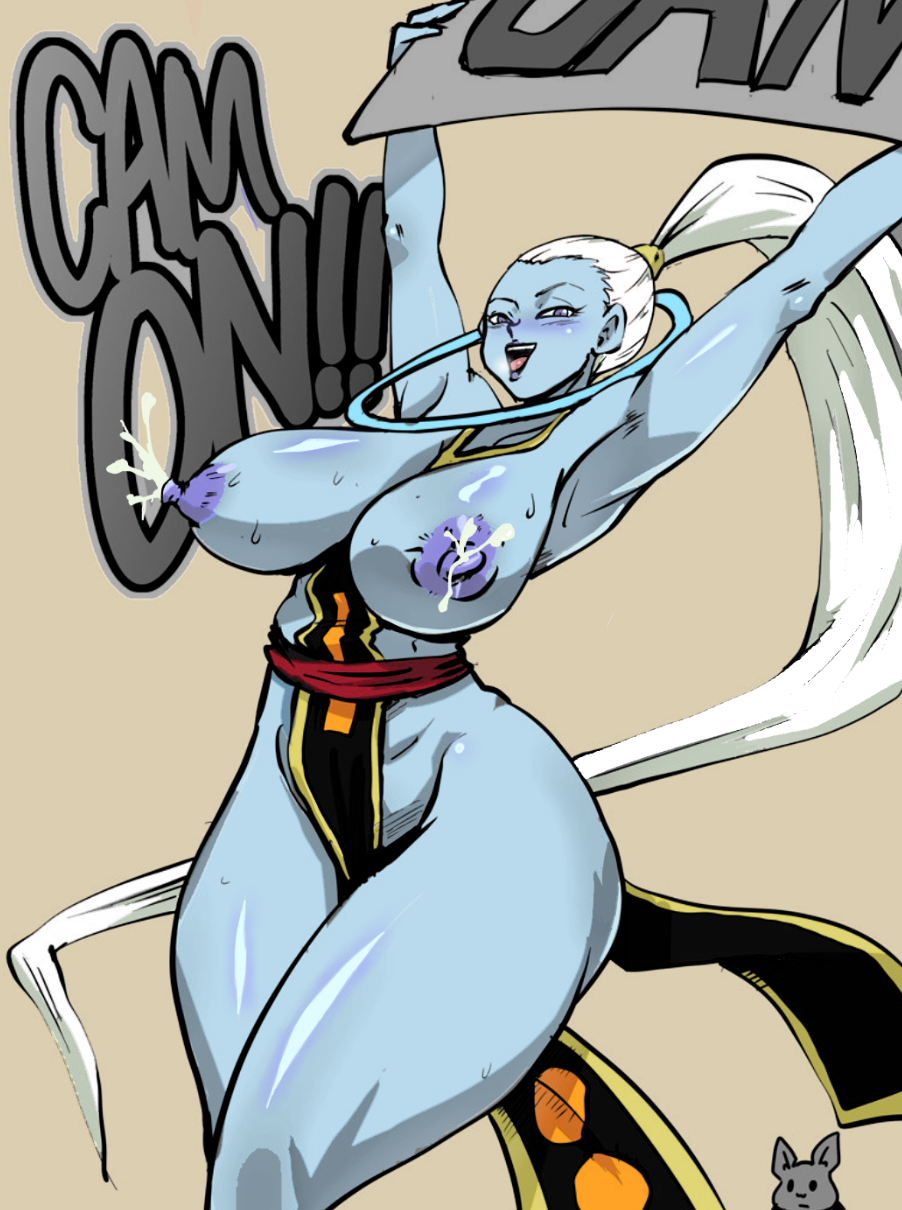 alternate costume, angel, angel (dragon ball), big breasts, blue skin, breasts, cheerleader, dragon ball, dragon ball super, female, lactation, milk, ponytail, purple eyes, purple nipples, recolor, rickert kai, shiny skin, shounen jump, thick thighs, vados, white hair