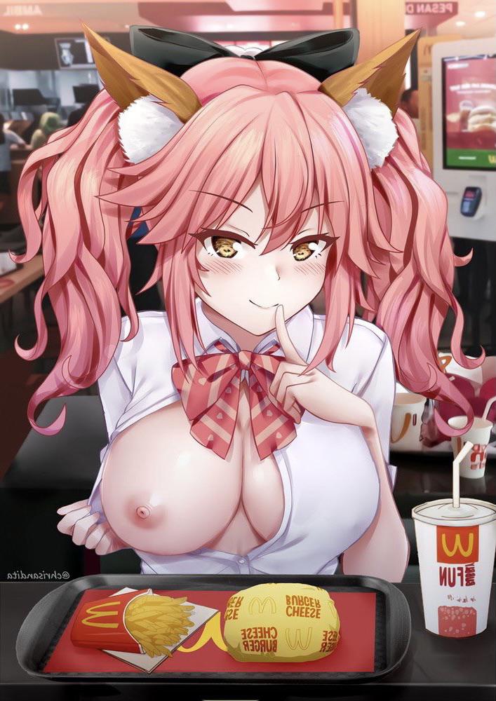 blush, breasts, burger, drink, fast food, fate (series), fate/extella, fate/extra, fate/extra ccc, female, flashing, food, fox, fox ears, fox girl, french fries, large breasts, mcdonald's, naughty face, nipples, no bra, one breast out, oppai challenge, pink hair, pov, public, restaurant, school uniform, smile, tamamo no mae (fate), twintails, unbuttoned, yellow eyes